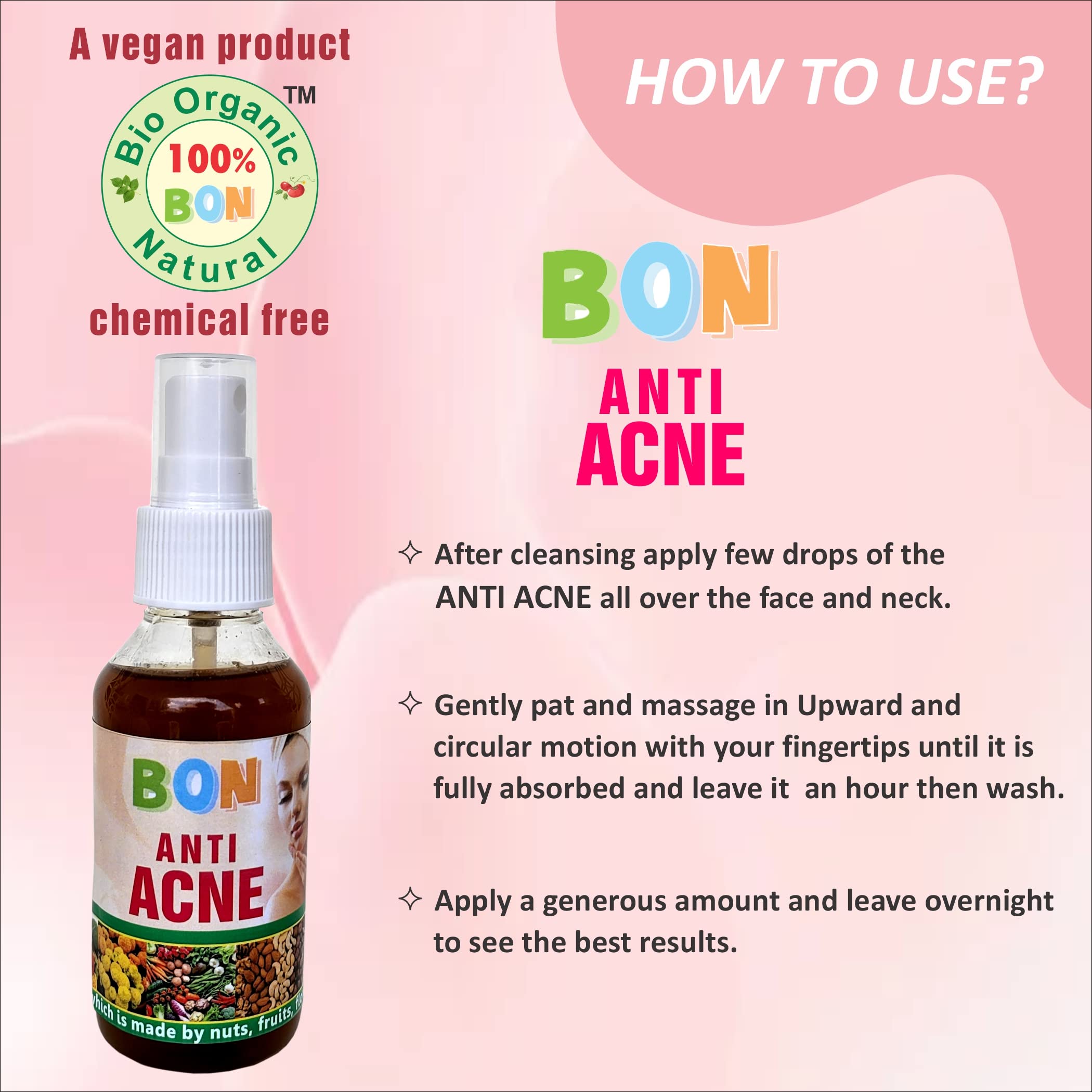 100% BON Bio Organic Natural Anti Acne Treatment - Chemical Free & Fragrance Free for Acne, Blackheads & Whiteheads | Vegan, Safe & Side Effect Free | Perfect for Daily Skincare & Sensitive Skin Care Routine