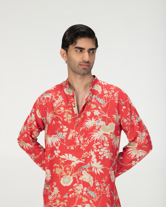 Bade Miyan Kurta Muga Satin Silk Red - Traditional Indian Men's Kurta for Festivals & Weddings