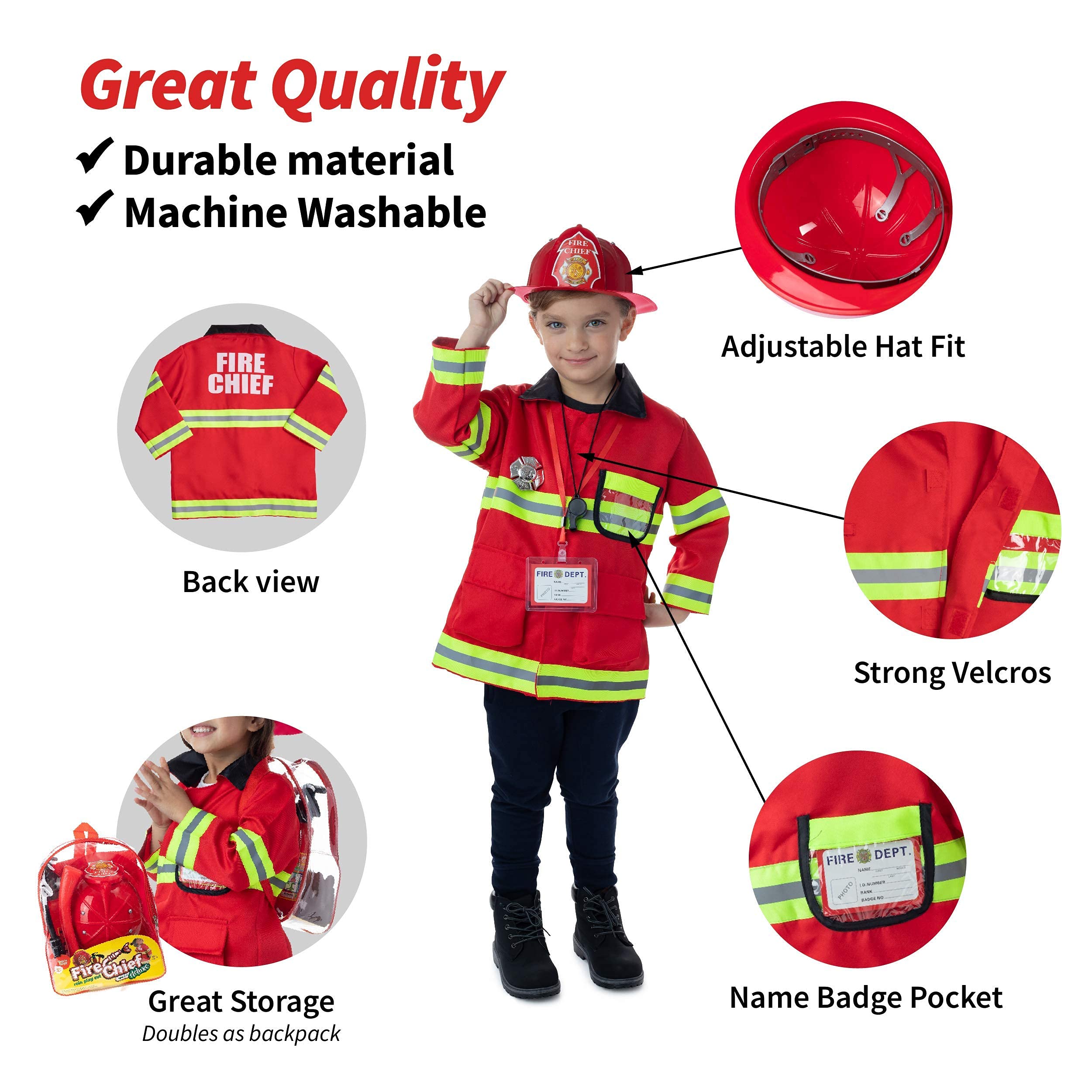 Born Toys Premium Washable Fireman Costume Set with Water Gun - Kids Role Play Dress Up for Halloween, Birthday Party & Pretend Play