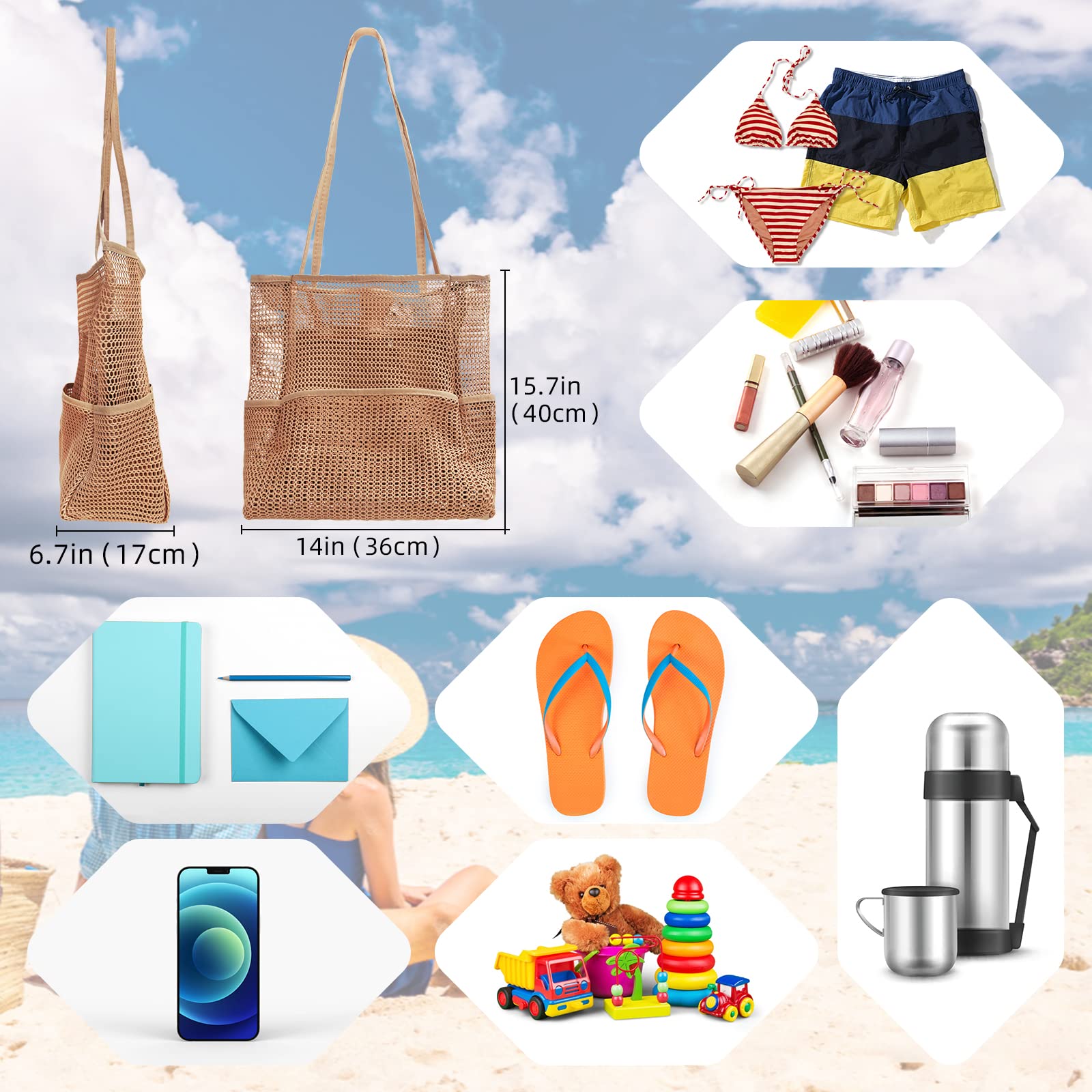 **Large Mesh Beach Tote Bag for Women - Waterproof Pool Bag with Multiple Pockets - Perfect for Family Travel, Swimming & Beach Outings**