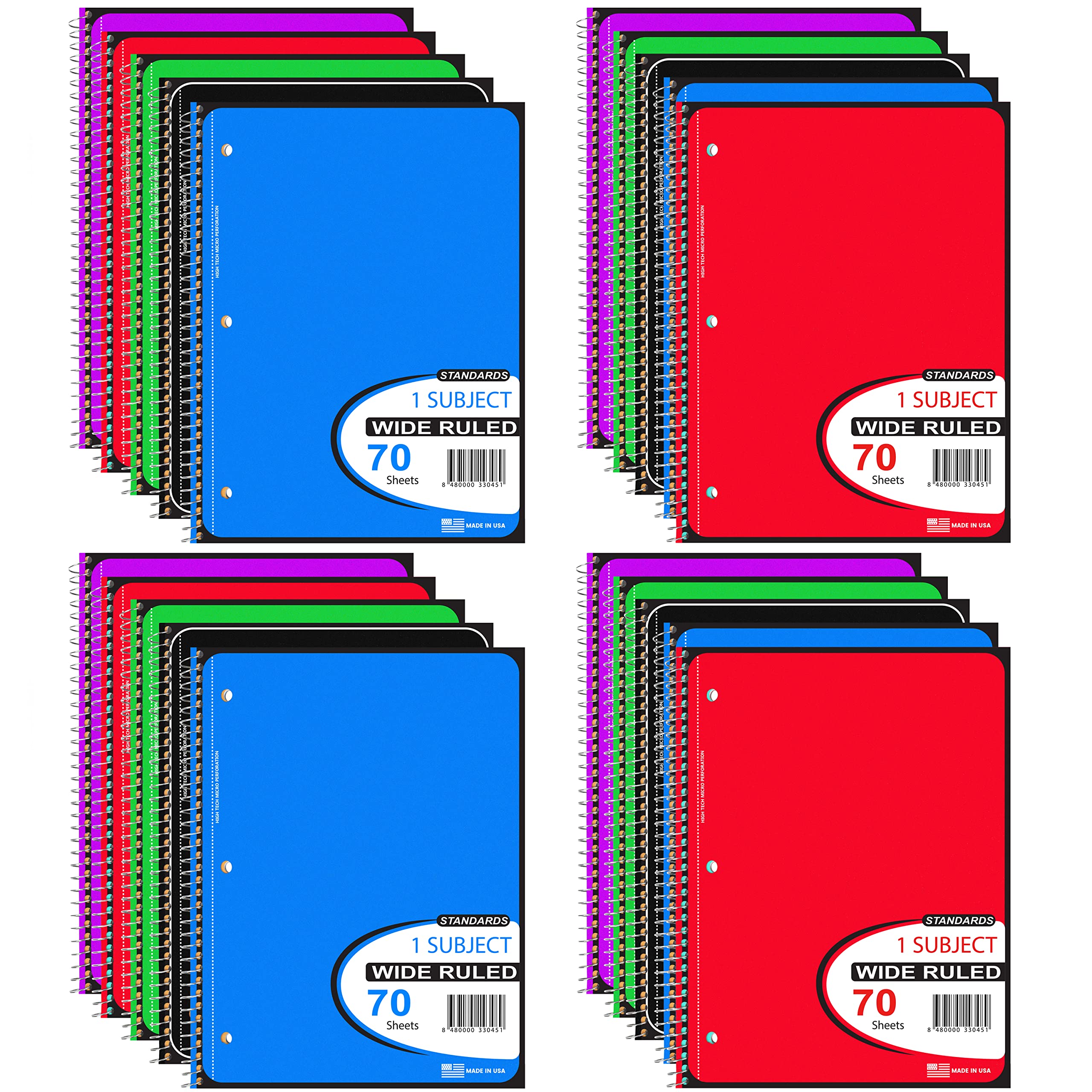 Spiral Notebook Bulk Pack - 48 Wide Ruled Notebooks, 70 Sheets Each, Single Subject, 5 Color Assortment, 3 Hole Perforated Pages for School, Office & College Note Taking