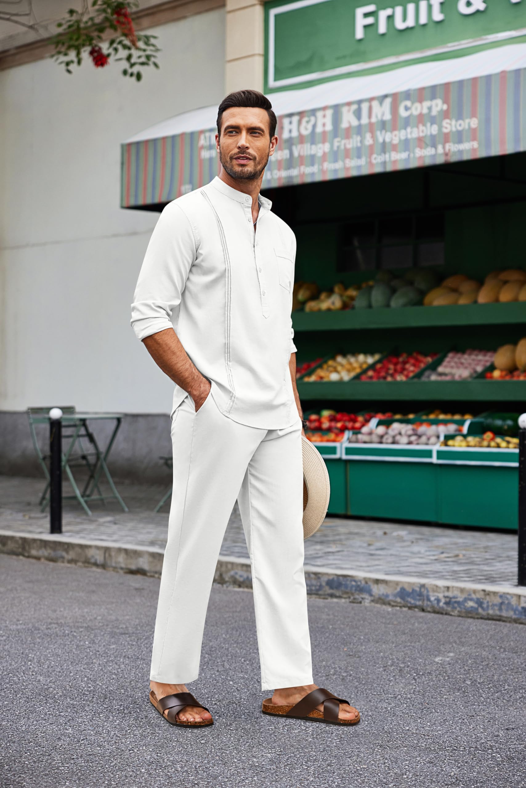 COOFANDY Men's 2-Piece Cotton Linen Outfit Set - Breathable Long Sleeve Henley Shirt & Comfortable Yoga Pants - Casual Beachwear, Cuban Style Lounge Set for Summer Vacation, Yoga, and Relaxation