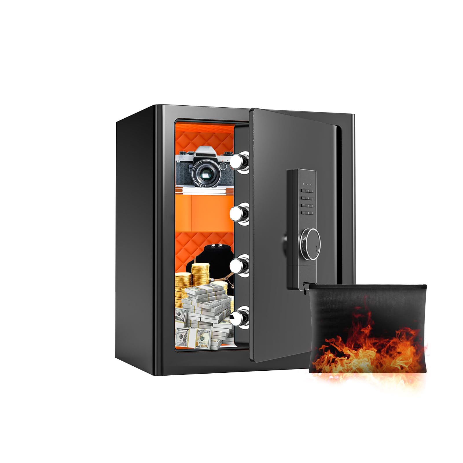 FABAO 2.0 Cubic Feet Fireproof Waterproof Home Safe Box with Digital Keypad & LED Light - Secure Money, Jewelry, Documents Storage for Hotel, Dorm, Office & Home Use - Includes Built-In Drawer & Emergency Keys