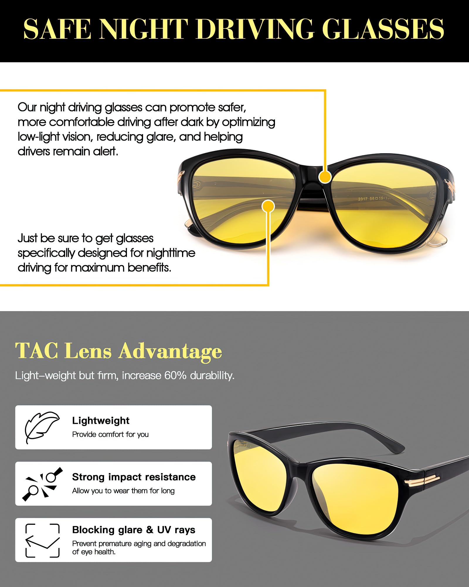 FIMILU Polarized Night Vision Driving Glasses for Women - Anti Glare Yellow Tinted Lens, Trendy Designer Eyewear for Night Driving & Low Light Conditions - Perfect for Commuting, Road Trips and Evening Activities
