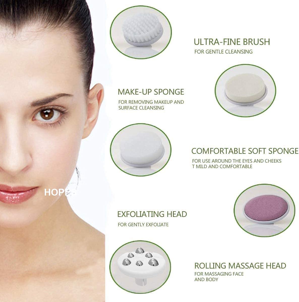 HOPES 5-in-1 Waterproof Facial Cleansing Brush Set with 5 Replaceable Brush Heads - Gentle Exfoliating, Blackhead Removal & Deep Pore Cleansing for Daily Skincare Routine at Home or Travel