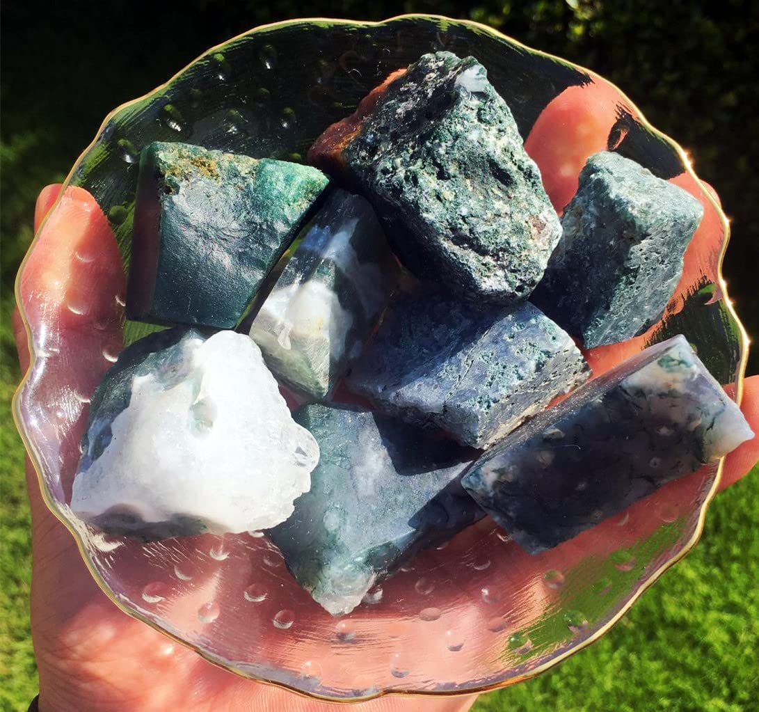 Simurg Raw Moss Agate Stone 1lb - Premium 'A' Grade Rough Crystal Rocks for Lapidary, Cabbing, Tumbling, Cutting & Polishing - Natural Healing Crystals for Reiki, Meditation & Home Decor