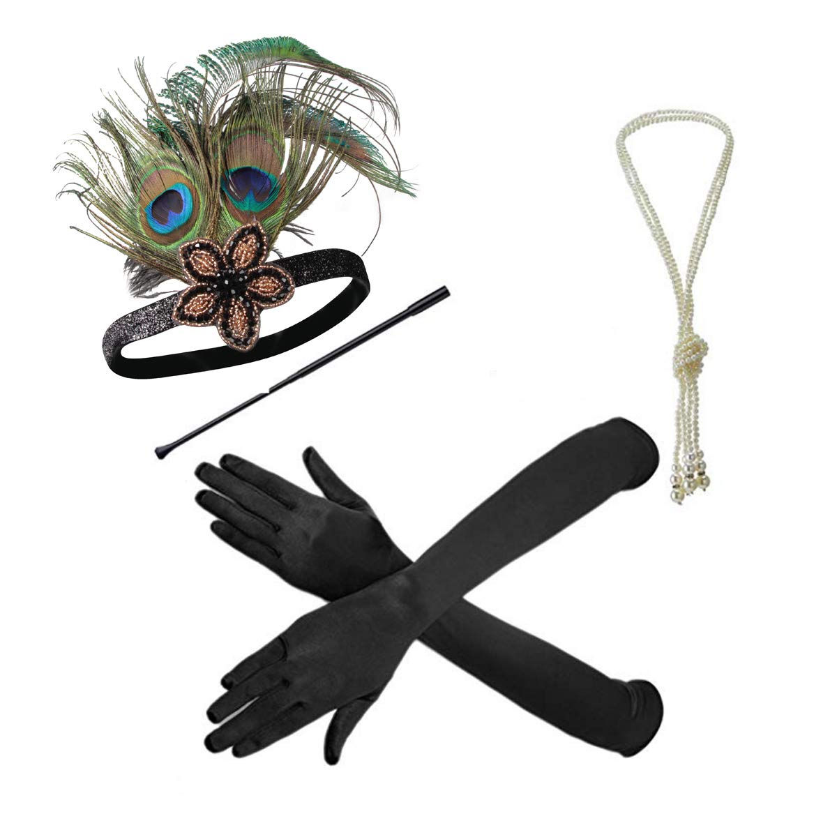 1920s Gatsby Flapper Accessories Set for Women - Black 20s Headband, Feathers & Jewelry - Vintage Roaring Twenties Costume Party Outfit - Perfect for Halloween, Themed Parties & Cosplay