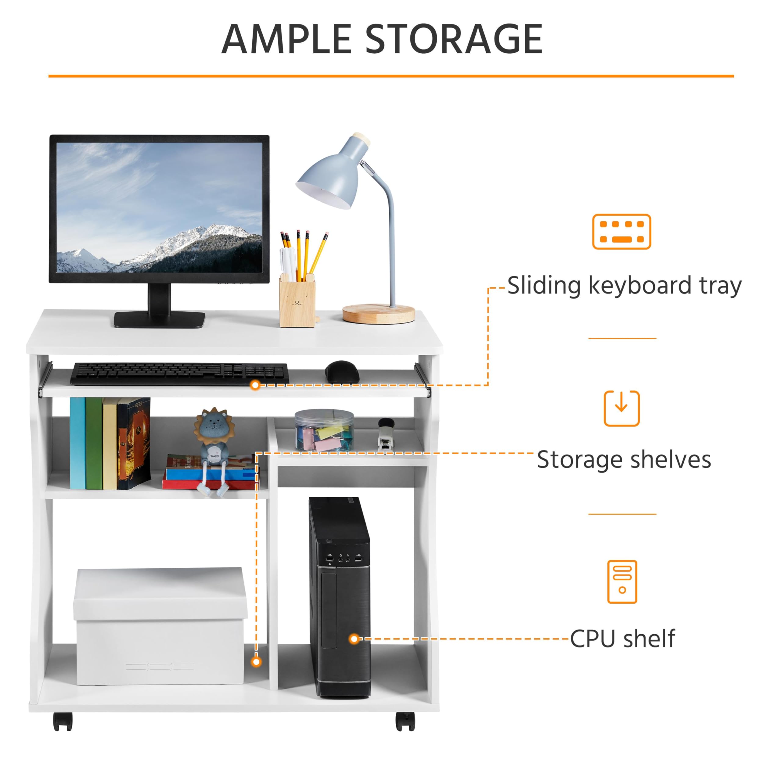 Yaheetech Adjustable Height Mobile Computer Desk with Keyboard Tray & 2 Shelves - 80.1 x 48.1 x 76.2 cm White Rolling Workstation for Home Office, Study, Gaming & Small Spaces - Easy to Move & Space Saving Design