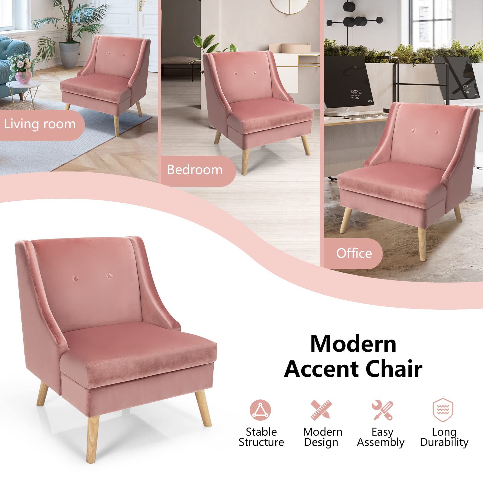 Velvet Accent Chairs Set of 2 - Upholstered Armchairs with Rubber Wood Legs, Button Tufted Club Chairs for Living Room, Bedroom, Reading Nook - Soft Pink Velvet Sofa Chairs for Home Decor & Relaxation