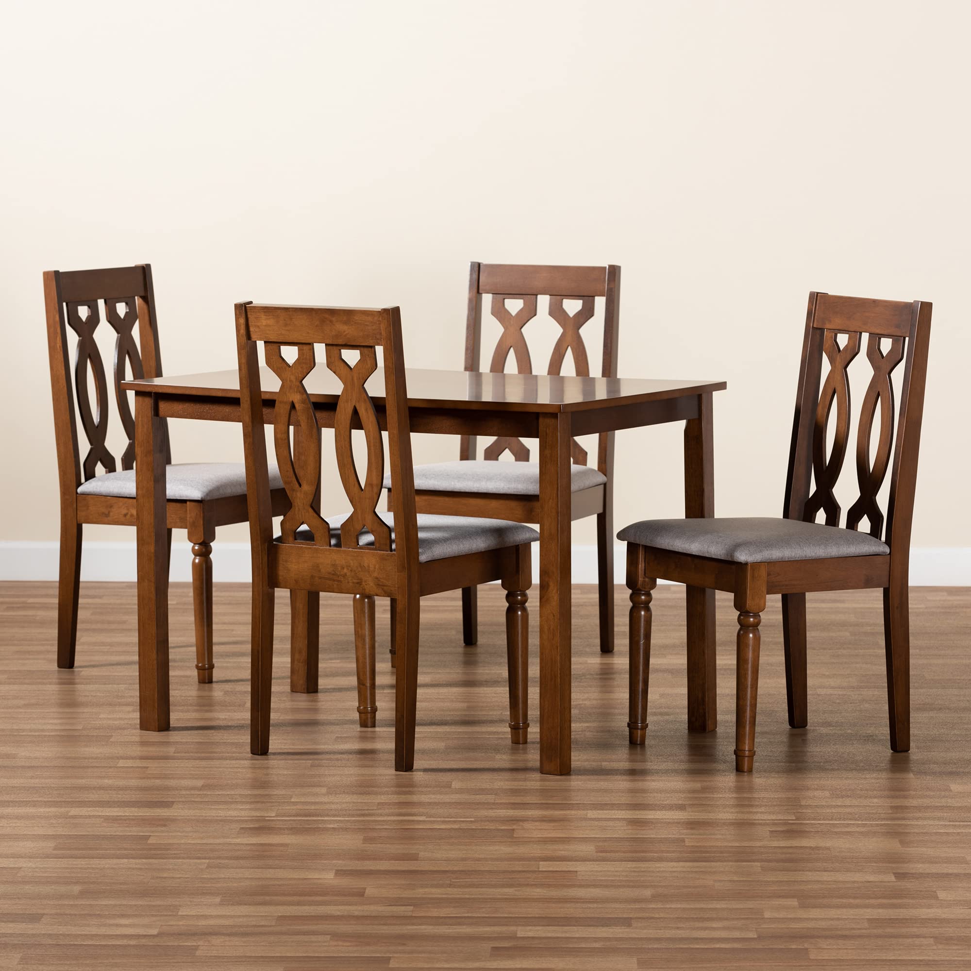 Baxton Studio Cherese 5-Piece Wood Dining Set - Grey Fabric Upholstered Chairs with Walnut Brown Finish | Perfect for Small Spaces, Apartments & Modern Dining Rooms