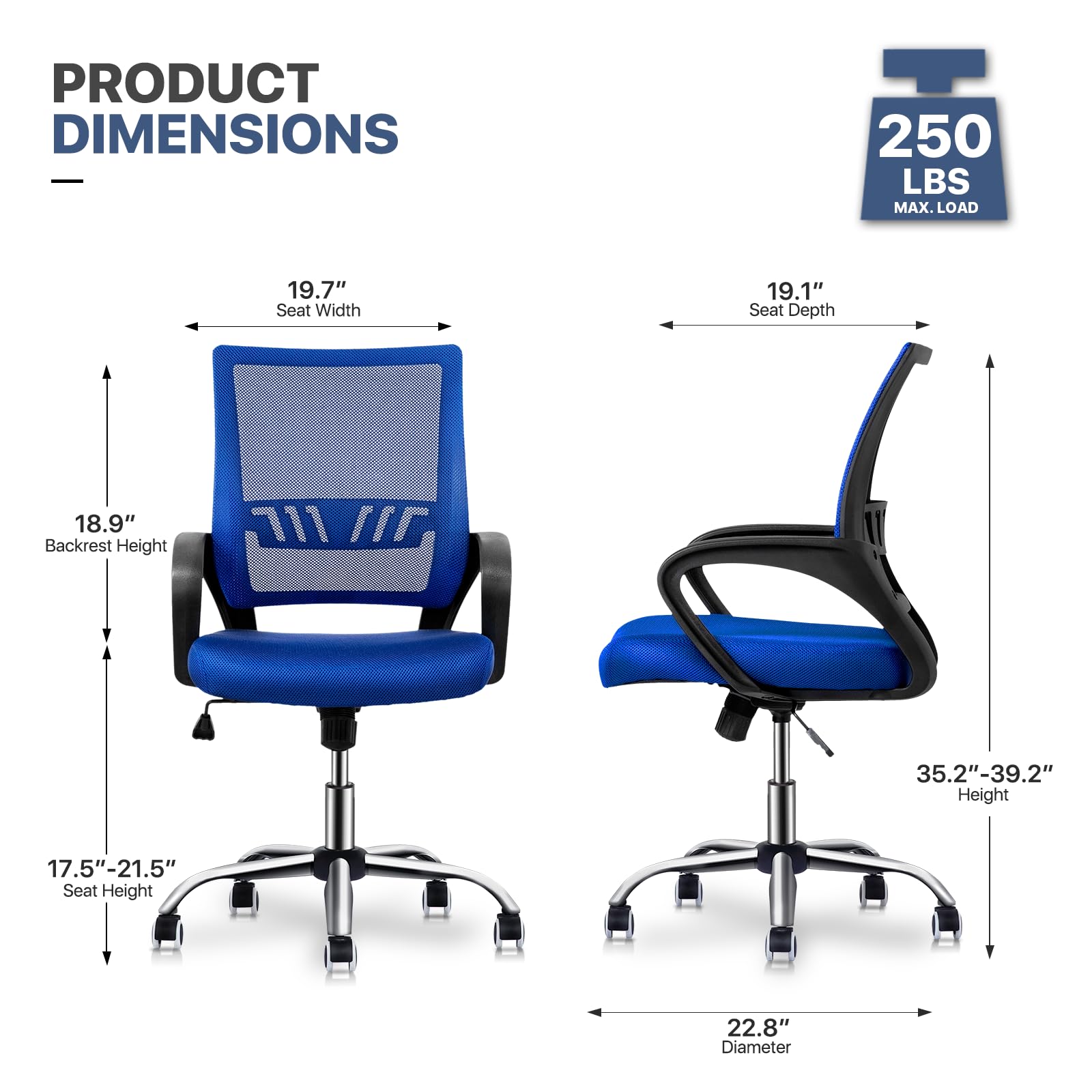 Ergonomic Mesh Office Chair with Wheels & Armrest - Adjustable Swivel Computer Chair + Non-Slip Rectangular Chair Mat for Home & Office Workspace - Perfect for Long Hours of Sitting, Gaming, and Remote Work