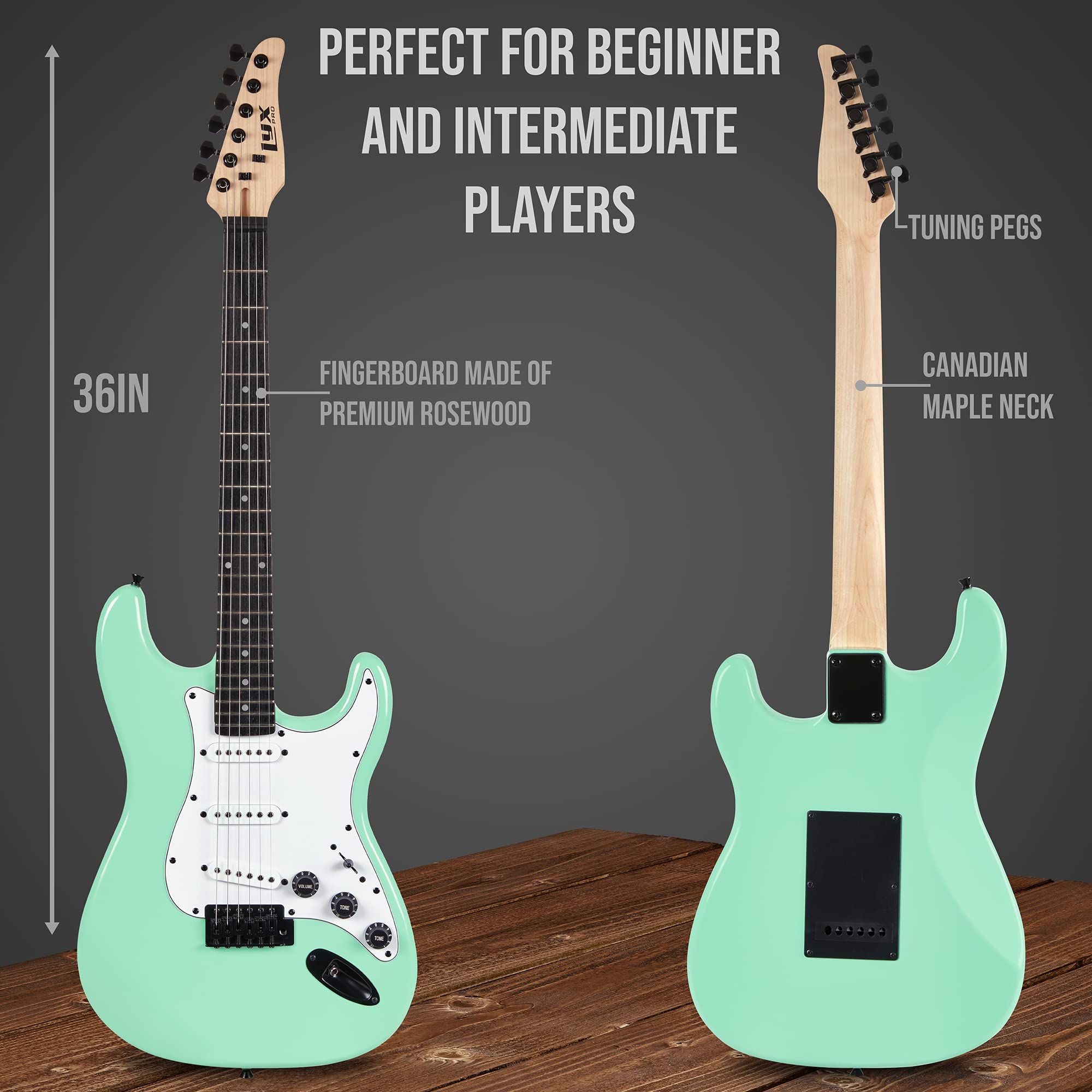 LyxPro 36 Inch 3/4 Size Electric Guitar Kit for Kids & Beginners - Includes Amp, 6 Strings, 2 Picks, Shoulder Strap, Digital Tuner, Cable & Gig Bag (Green) - Perfect for Learning, Practice & Home Performances
