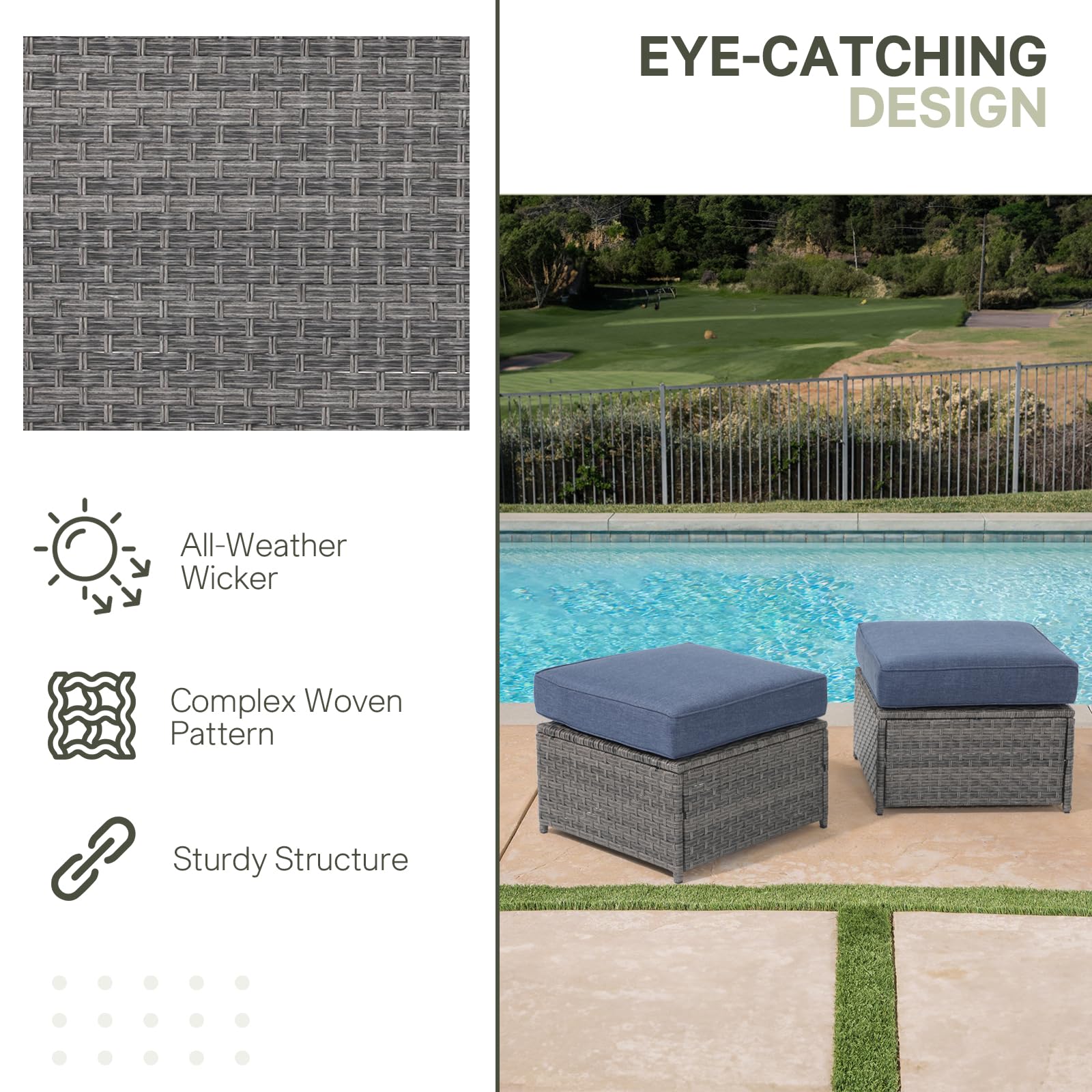 Outdoor Patio Ottoman Set of 2 - All-Weather Wicker Footstool with Olefin Denim Blue Cushions - Grey Rattan Footrest for Balcony, Porch, Deck & Garden Relaxation