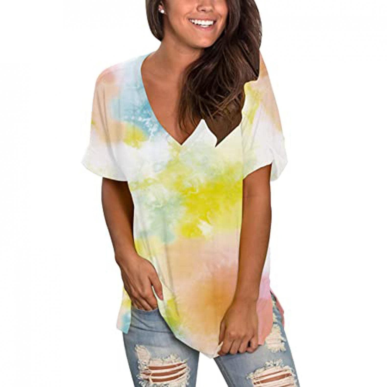 Trendy Women's Summer Short Sleeve V-Neck T-Shirt - Lace Casual Loose Blouse for Comfort & Style | Perfect for Beach, Office & Everyday Wear