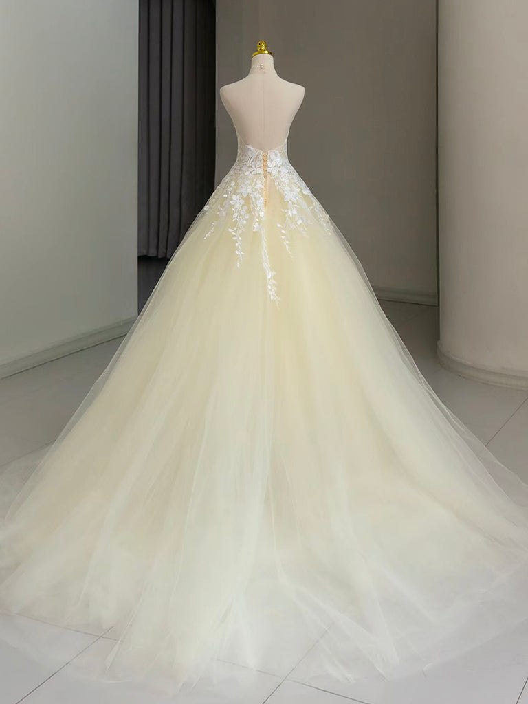 Elegant A-Line Champagne Lace Tulle Long Prom Dress for Graduation & Formal Events - Perfect for Homecoming, Dances & Special Occasions