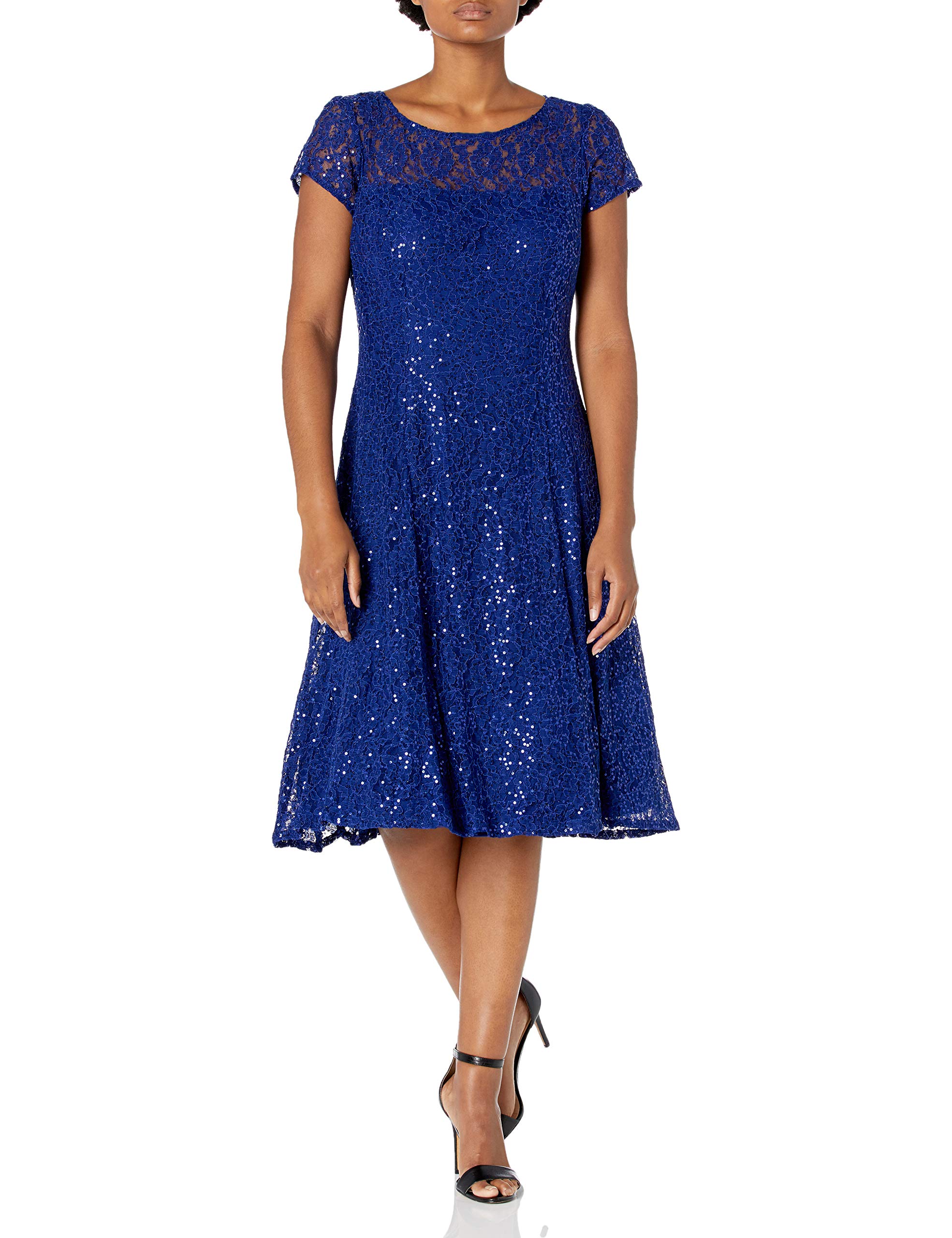 Elegant Women's Short Sleeve Sequin & Lace Tea-Length Mother of the Bride Dress - Petite & Regular Sizes | Perfect for Weddings, Formal Events & Special Occasions