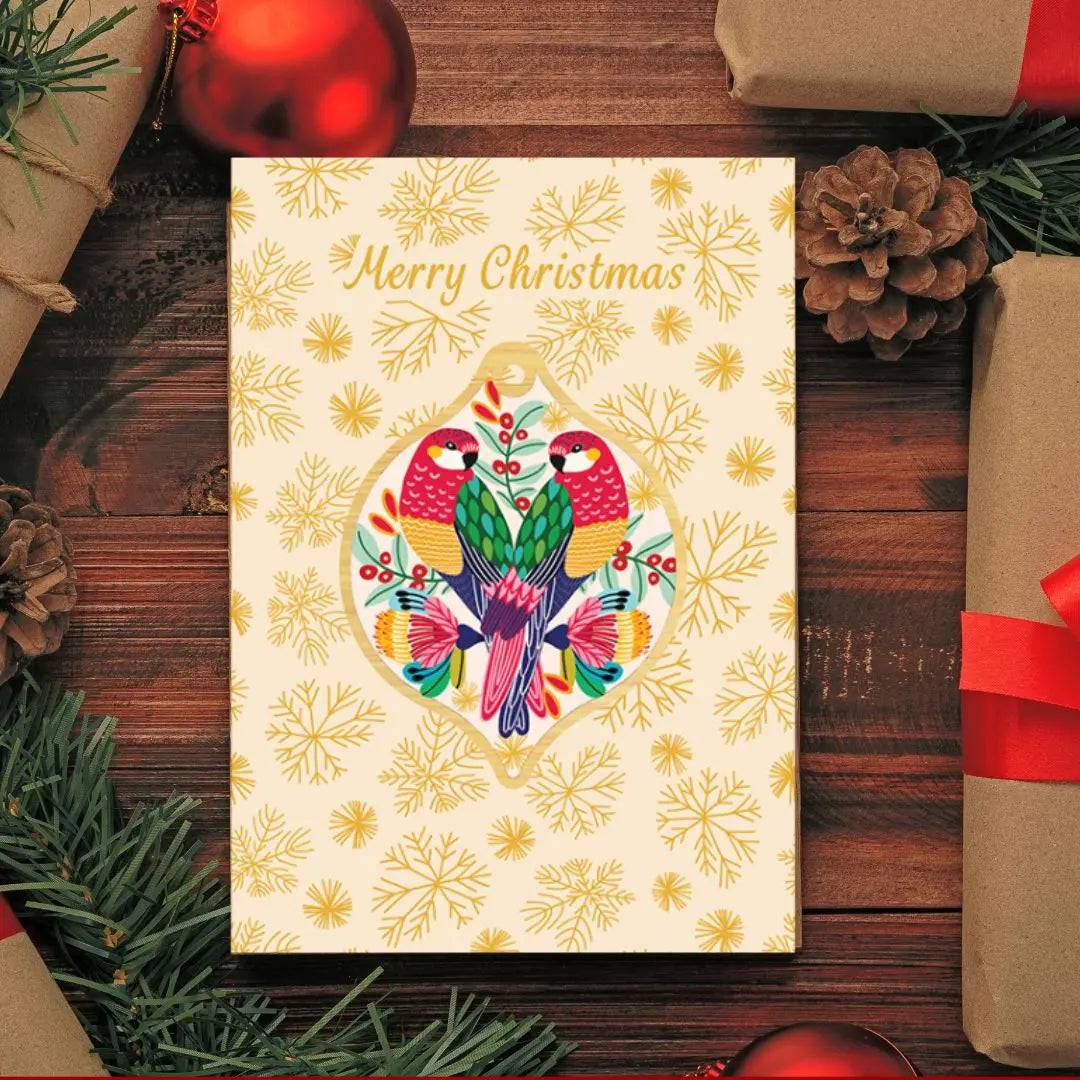 Rosella Birds Christmas Card & Wooden Ornament - Festive Holiday Greeting Card with Handcrafted Wooden Bauble for Tree Decorations and Gift Giving