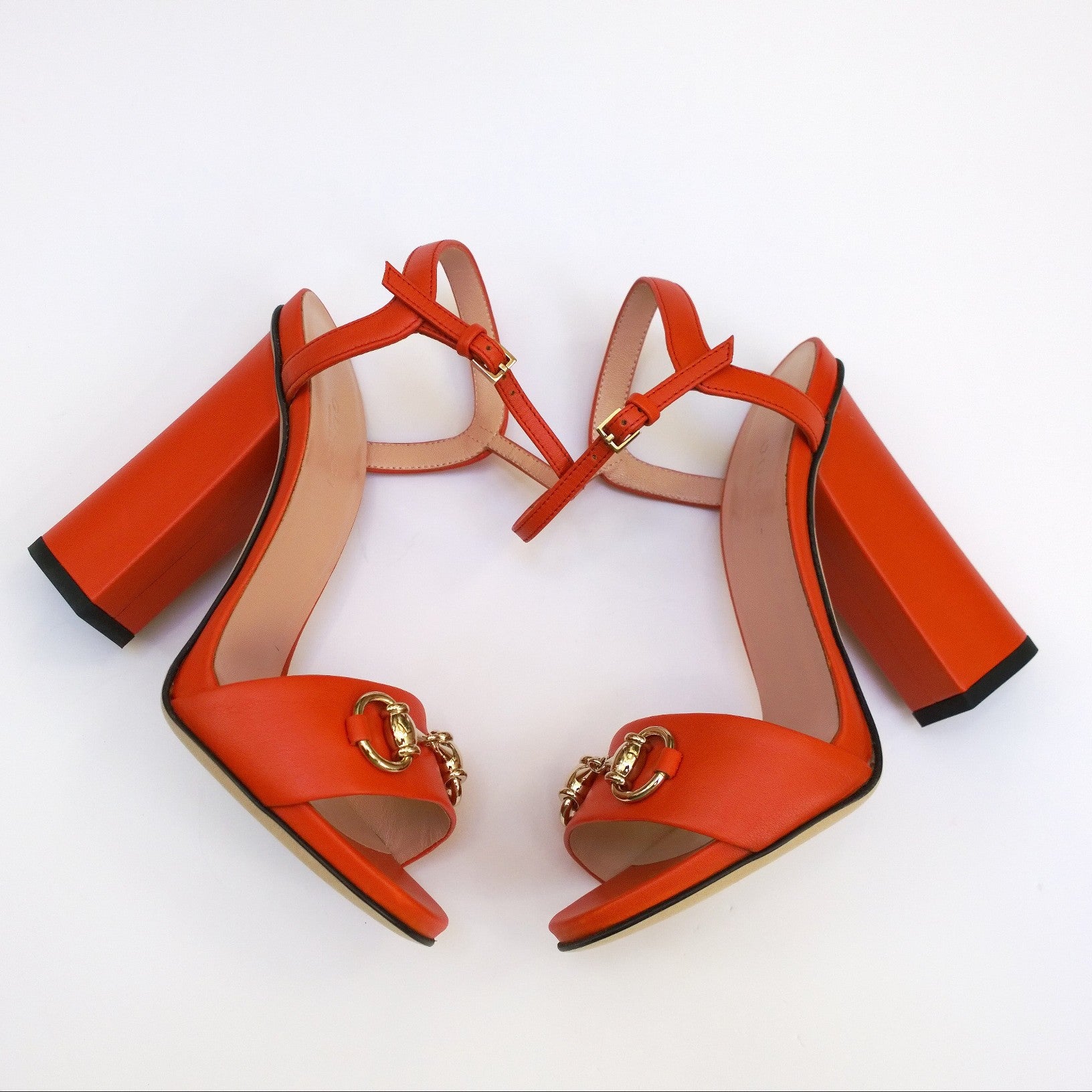 Gucci Horsebit Leather Sandals for Women - Sun Orange Block Heels | Luxury Designer Shoes for Summer Outfits & Beach Vacations