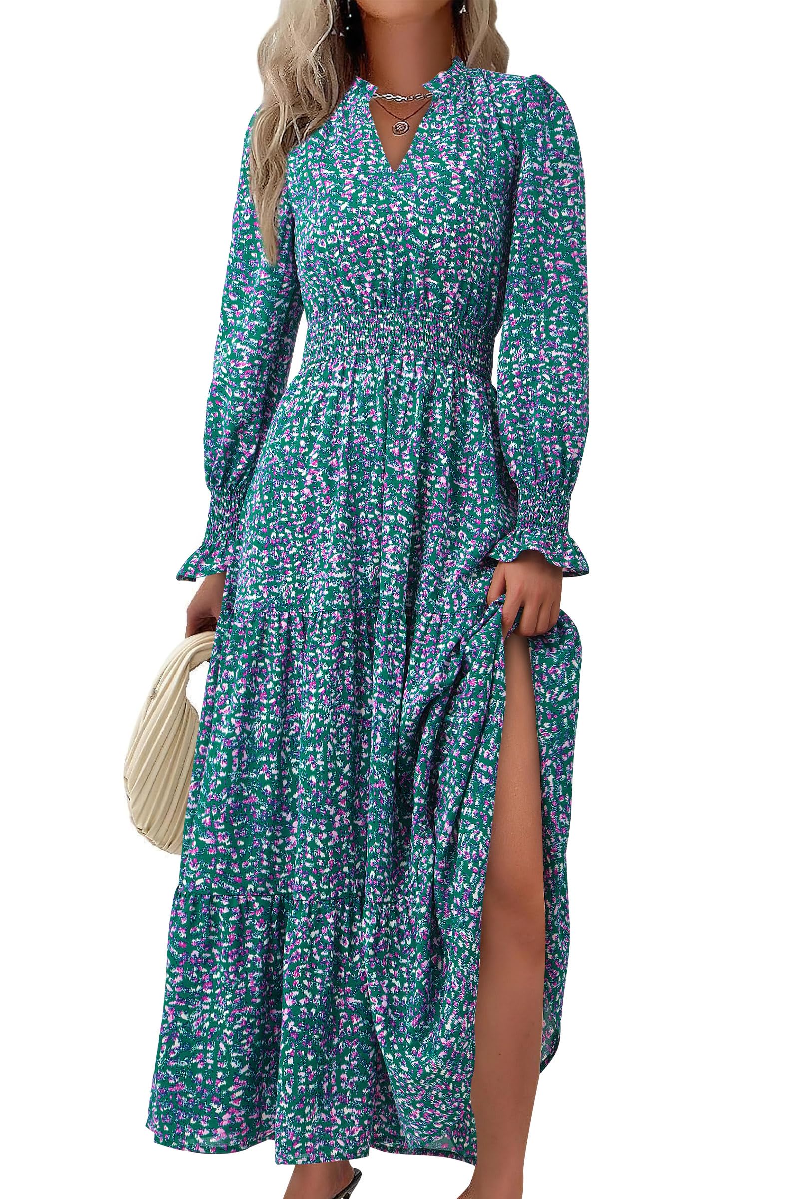 PRETTYGARDEN Women's Floral Maxi Dress 2025 - Spring Long Sleeve V-Neck Boho Dress for Casual Wear, Beach Vacation & Summer Parties | Flowy A-Line Party Dress for Women