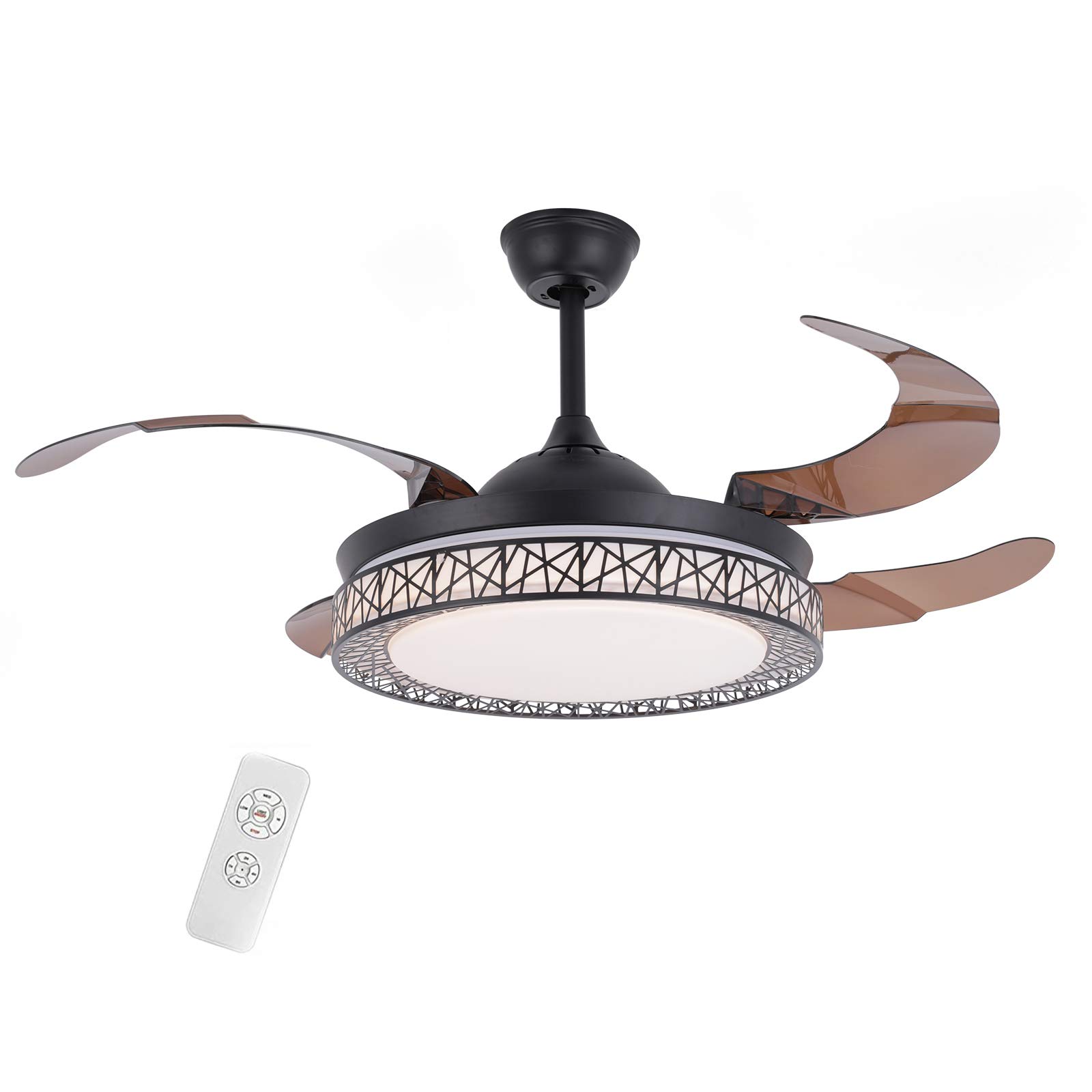 42 Inch Invisible Ceiling Fan with LED Light - ABS Telescopic Blades, 3 Color Temperatures & 3 Speed Remote Control - Perfect for Living Room, Dining Room and Bedroom (Black)
