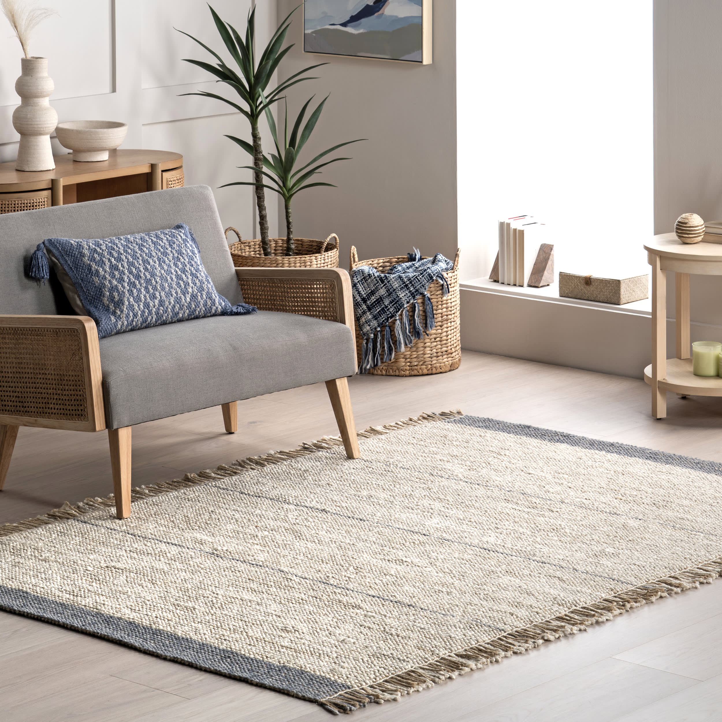 Billie Striped Tasseled Rug - Soft Bohemian Area Rug in Neutral Beige | Perfect for Living Room, Bedroom or Nursery Decor