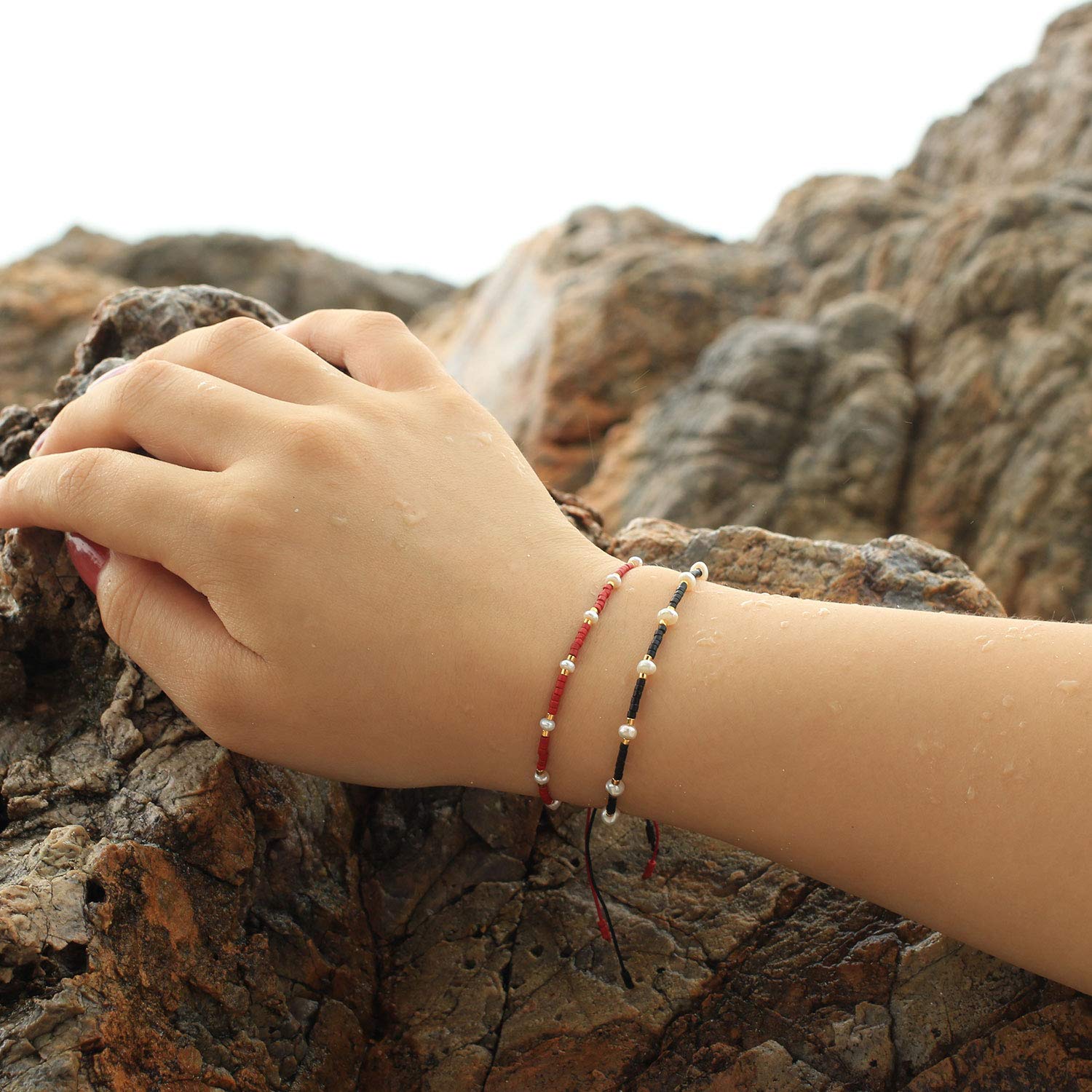 C·QUAN CHI Charm Pearl Bracelet - Handmade Adjustable Friendship Bracelet with Seed Beads & Flat Knot Design for Women - Perfect for Gifts, Boho Style & Everyday Wear