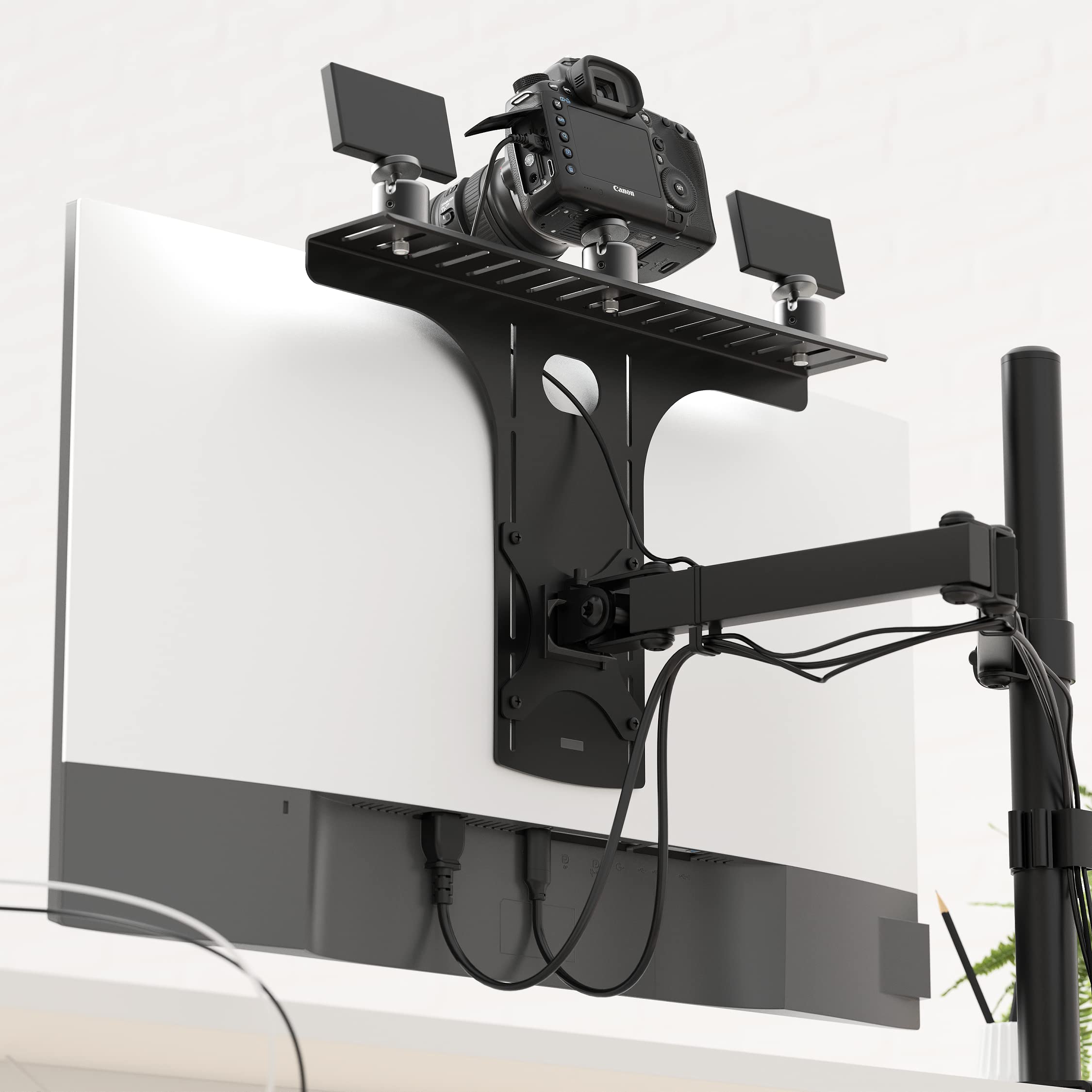 HumanCentric DSLR Monitor Mount - Adjustable VESA Arm Camera Shelf for Desk, Webcam & Microphone Stand - Heavy Duty Monitor Riser for Photography & Streaming Setup - Perfect for Home Office, Gaming & Video Production Workspace