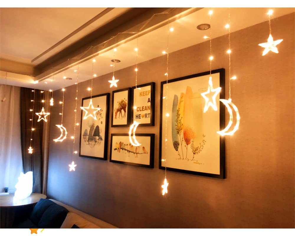 LED Fairy Lights with Moon & Star String - 8 Modes Waterproof Curtain Lights for Window, Fireplace, Garden, Patio - Perfect for Christmas, Eid Decorations & Party Lighting