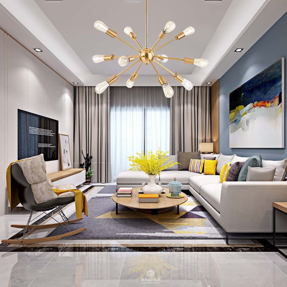 BONLICHT 12-Light Brushed Brass Sputnik Chandelier - Mid Century Modern Gold Pendant Light for Kitchen Island, Dining Room, Living Room, Bedroom & Bar | Contemporary Ceiling Hanging Fixture for Home Decor