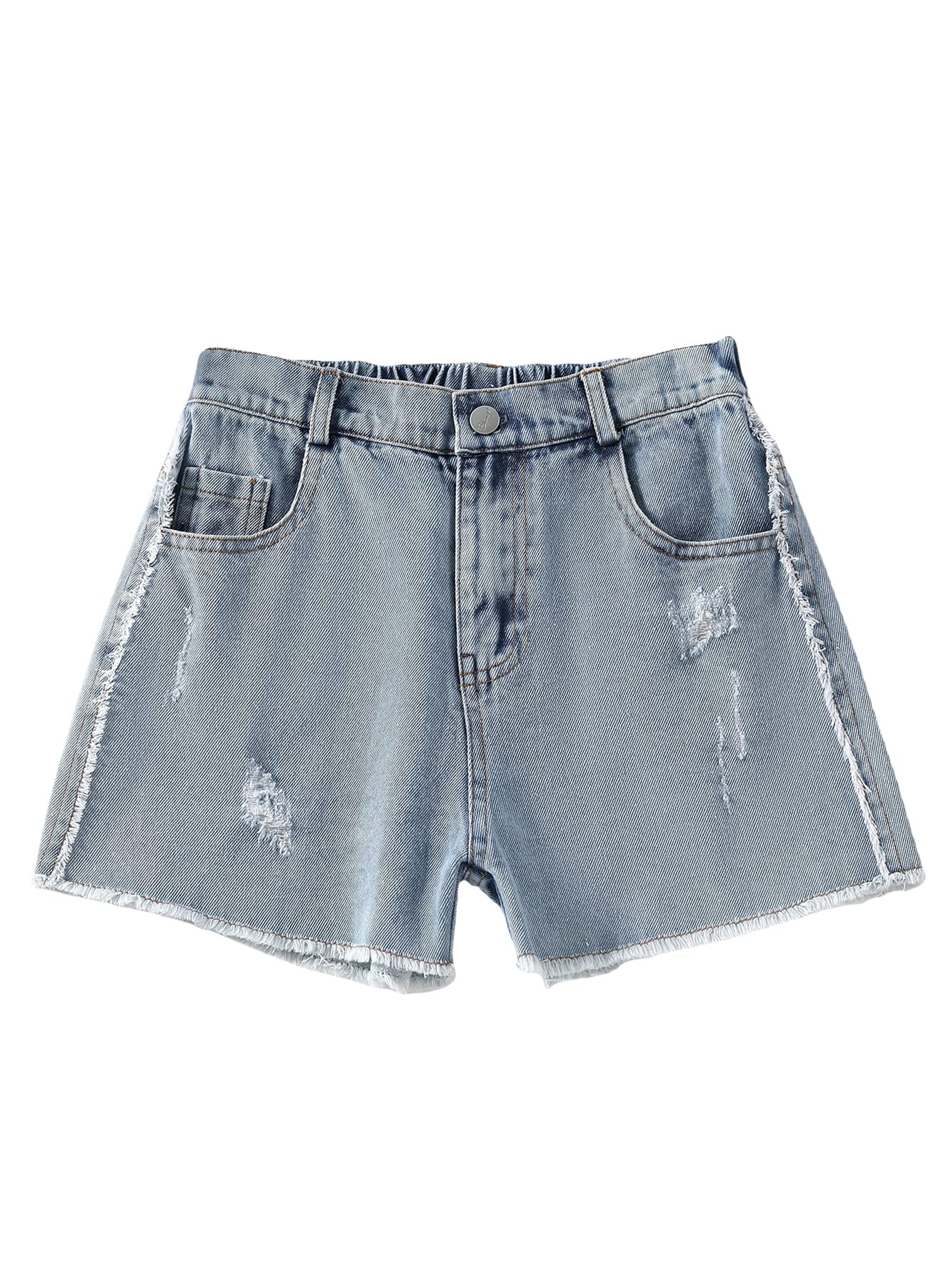 Romwe Women's Cute Ripped Denim Shorts with Frayed Hem - High Waisted Distressed Jean Shorts for Summer | Perfect for Beach, Music Festivals & Casual Outfits