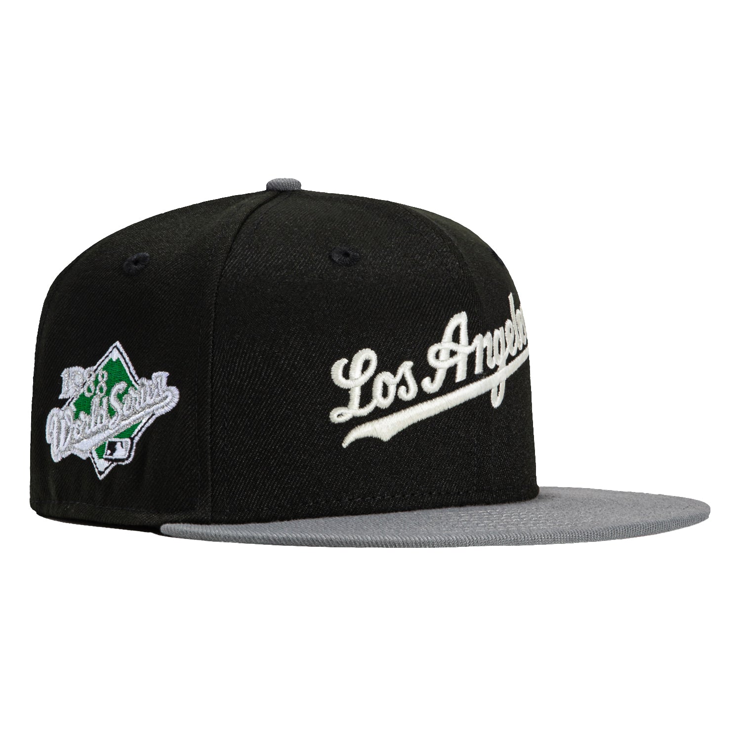 New Era 59Fifty Los Angeles Dodgers 1988 World Series Patch Script Hat - Black & Storm Grey | Vintage Baseball Cap for Dodgers Fans, Sports Collectors & Streetwear Fashion | Perfect for Games, Gifts & Casual Wear