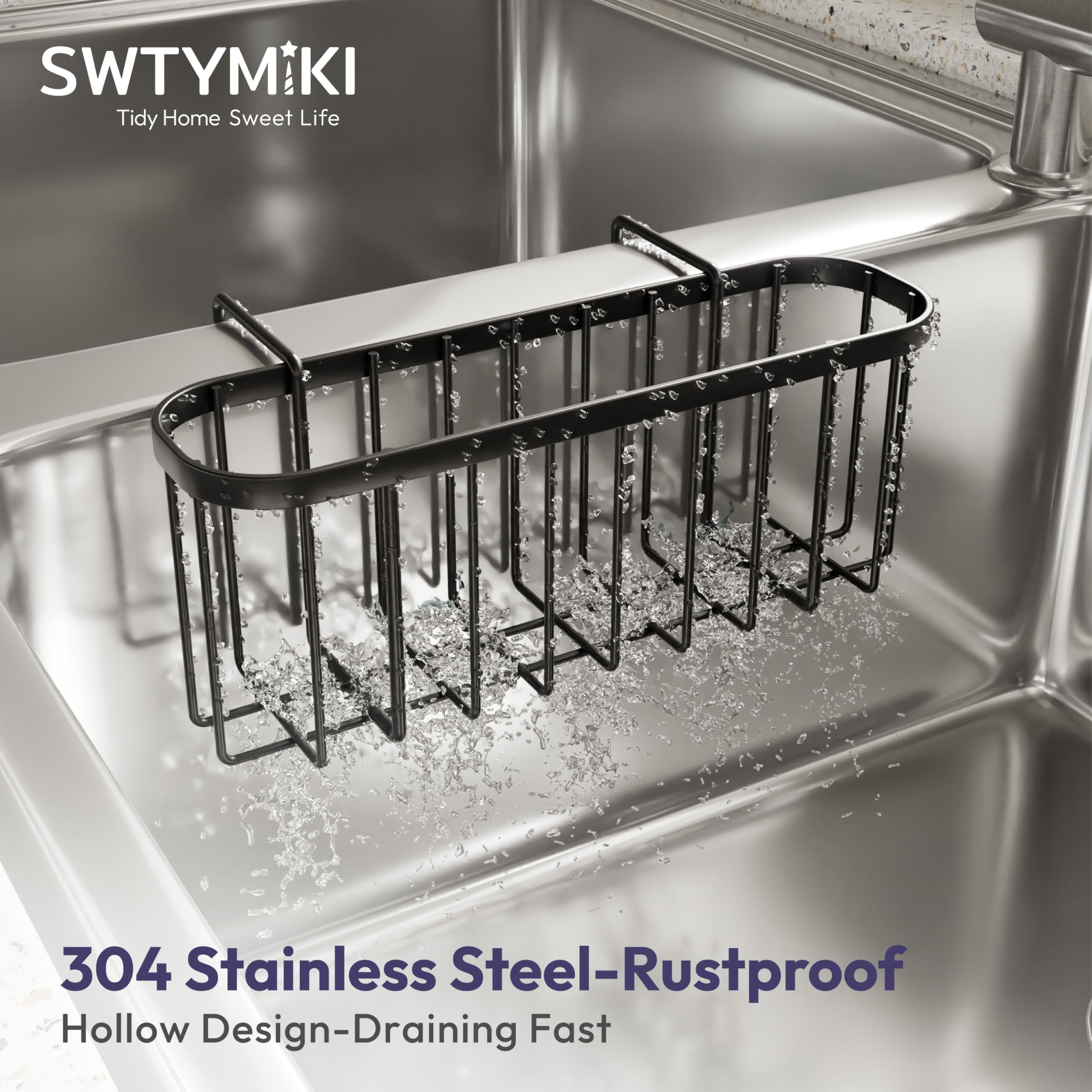 SWTYMIKI Stainless Steel Sponge Holder for Kitchen Sink - Movable Sink Caddy with Partition, Compact Hanging Organizer for Double Bowl Sinks (Black) - Perfect for Keeping Sponges, Brushes & Soap Organized by Sink