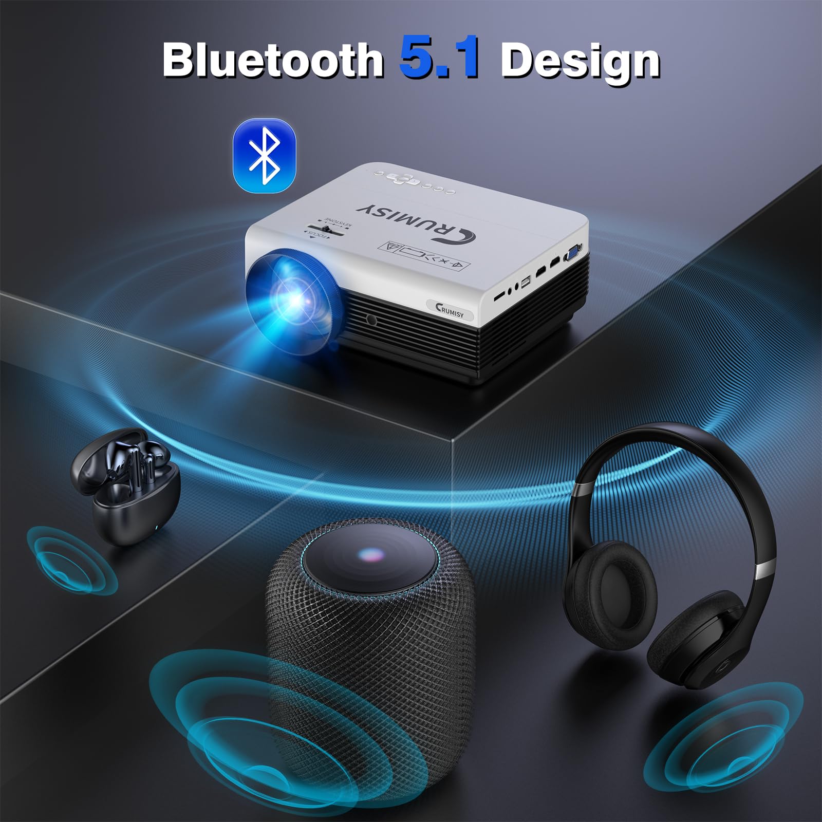 Mini Projector with WiFi & Bluetooth - 1080P HD Outdoor Movie Projector, 400ANSI Lumens, 4K Decoding, 50%-100% Zoom, 300