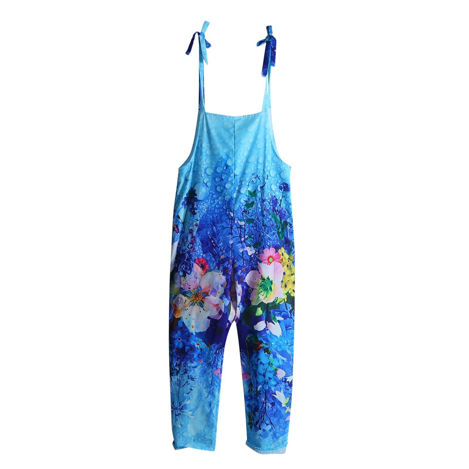 Women's Vintage Summer Jumpsuit - Loose Casual Sleeveless Romper with Adjustable Spaghetti Straps & Floral Print (Blue, XL) | Beach Wear, Vacation Outfit, Summer Fashion