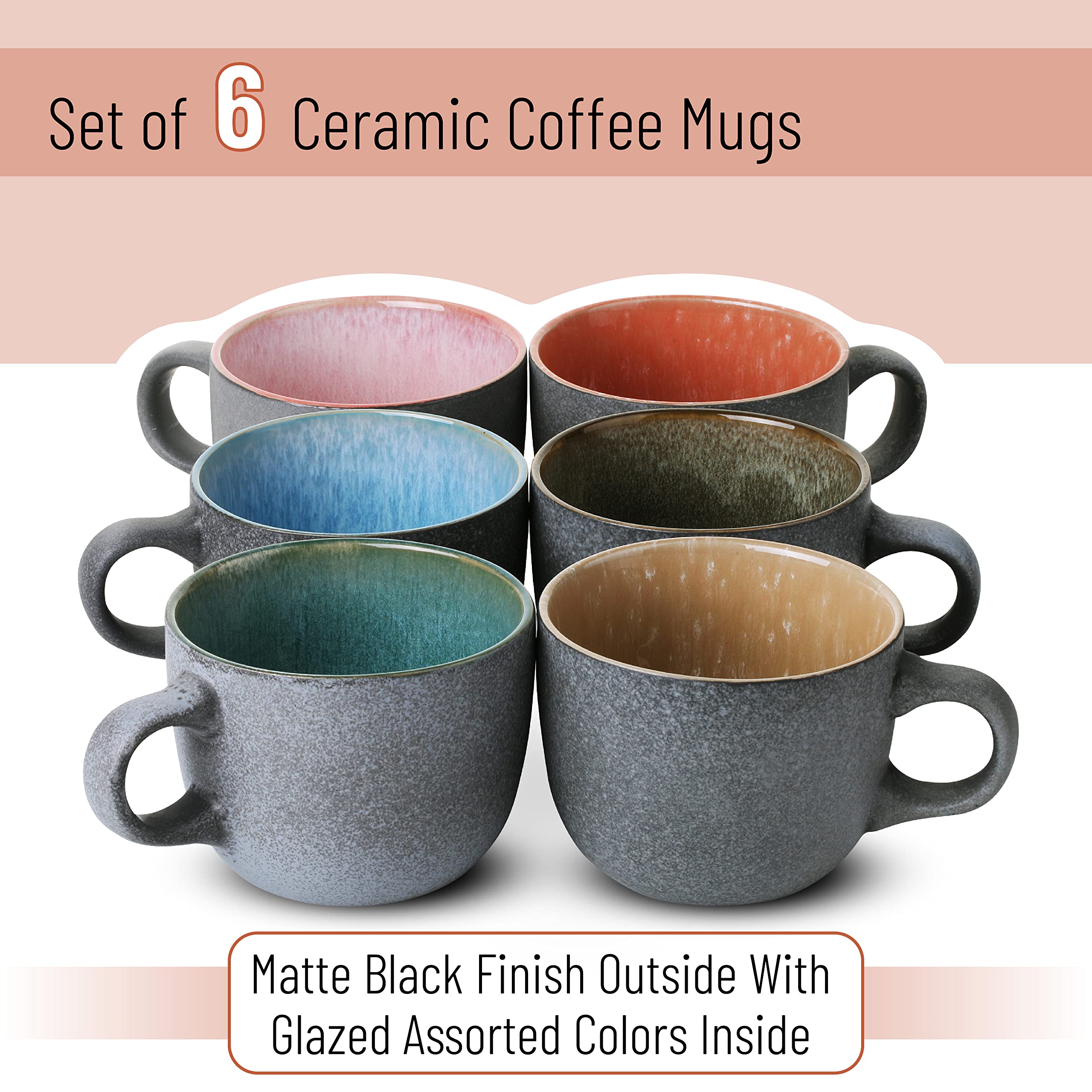 BTaT 14oz Ceramic Coffee Mug Set of 6 - Durable Coffee Cups for Home, Office & Restaurant Use - Perfect for Hot/Cold Beverages, Tea & Espresso