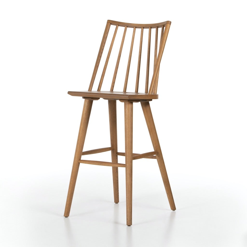 Lewis Windsor Stool in Sandy Oak - Solid Wood Bar Stool for Kitchen Island, Dining Room & Pub - Rustic Farmhouse Style Seating with Back Support