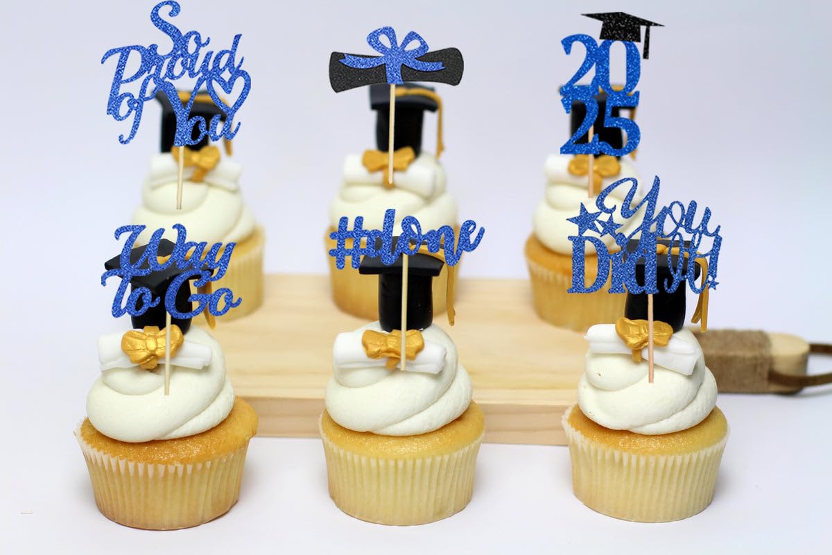 2025 Graduation Cupcake Toppers - Blue Glitter Class of 2025 Decorations, Grad Cap & Diploma Picks for Graduation Party Supplies (40Pcs) - Perfect for Graduation Cakes, Cupcakes, and Dessert Tables