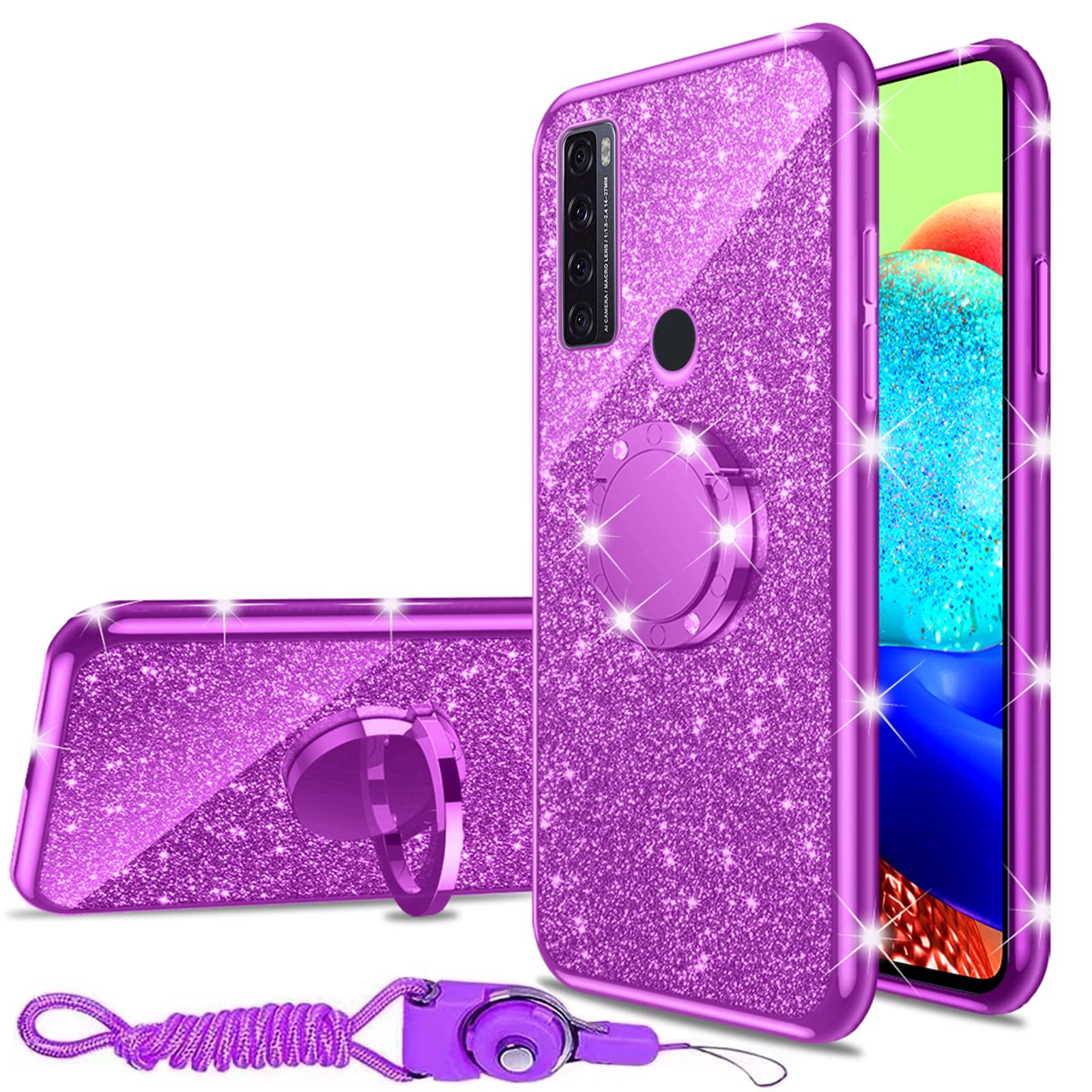 Premium Shockproof TCL 20 SE Phone Case (6.8-inch) - Luxury Glitter Slim Silicone Cover with Ring Stand & Lanyard Strap for Women & Girls - Purple | Perfect for Daily Use, Work, Travel & Fashion Accessory