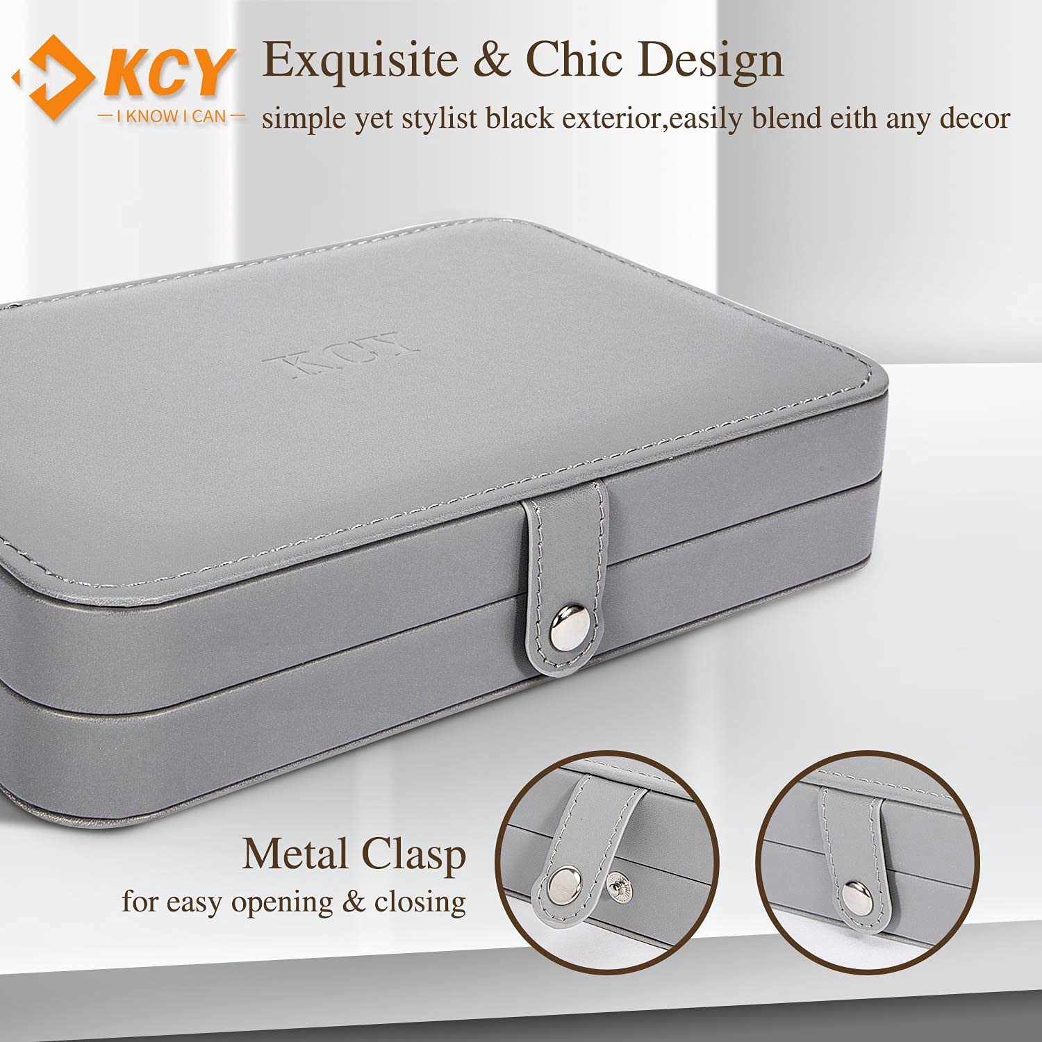 KCY Women's Travel Jewelry Organizer Box - PU Leather Portable Jewelry Case for Earrings, Necklaces, Rings & Bracelets - Compact Jewelry Storage Display Holder - Perfect Gift for Women & Girls (Grey) - Ideal for Travel, Home Organization & Daily Jewelry Protection