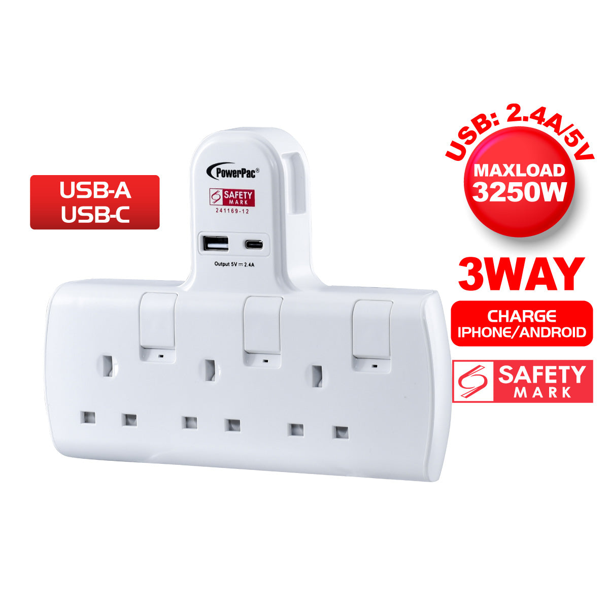 3-in-1 Multi Plug Extension Adapter with 3 AC Outlets, USB A & USB C Ports - Universal Travel Power Strip for Home, Office & Hotel Use (PP293U)