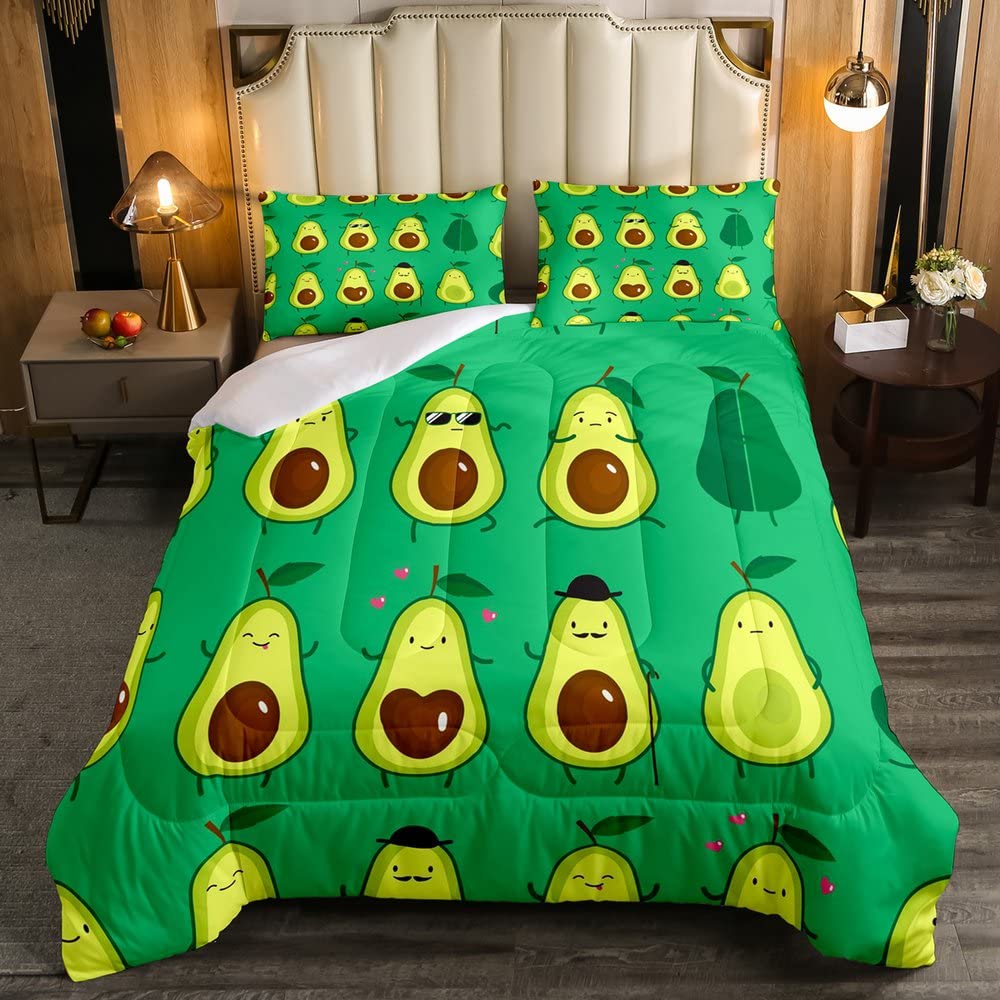 Erosebridal Kids Avocado Bedding Set - Twin Size Cute Fruit Comforter with Heart Cartoon Design for Boys & Girls | Tropical Botanical Quilted Duvet Cover in Green & Yellow | Perfect for Teens Bedroom Decor & Nursery Room