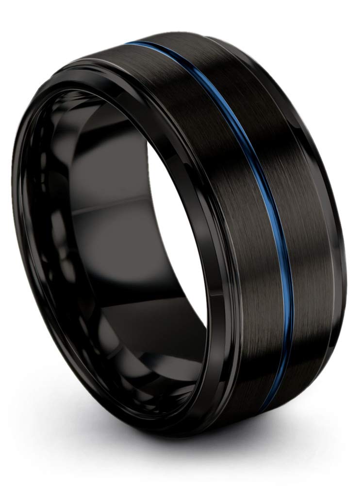 10mm Tungsten Carbide Wedding Band Ring for Men & Women - Blue Black Center Line, Step Bevel Edge, Black Brushed & Polished Finish - Custom Engraving for Anniversary & Engagement - Perfect for Everyday Wear, Special Occasions & Gift Giving
