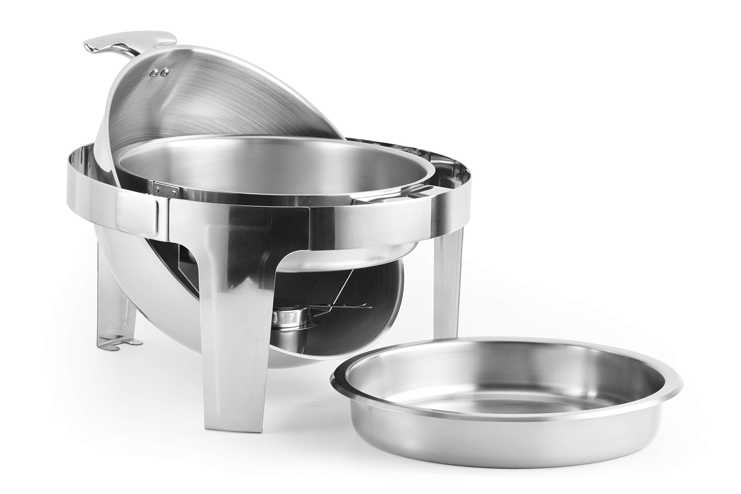 6 Quart Stainless Steel Round Roll Top Chafing Dish with Apron - Buffet Warmer for Catering, Parties, Weddings & Events - Keep Food Warm for Hours
