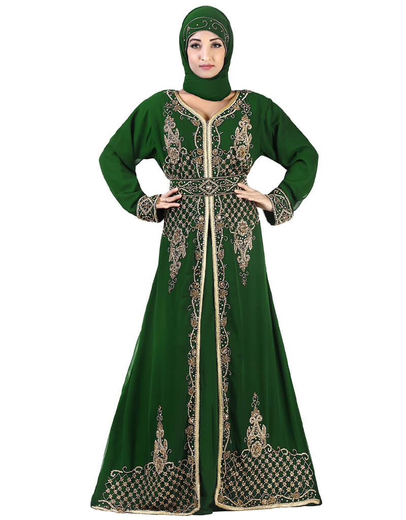 Elegant Arabic Green Georgette Kaftan with Handcrafted Zari Embroidery - Perfect for Weddings, Parties & Special Occasions