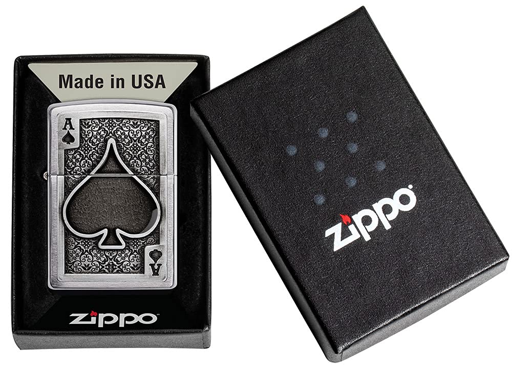 Zippo Ace of Spades Emblem Brushed Chrome Windproof Pocket Lighter - Perfect for Camping, Hiking & Outdoor Adventures