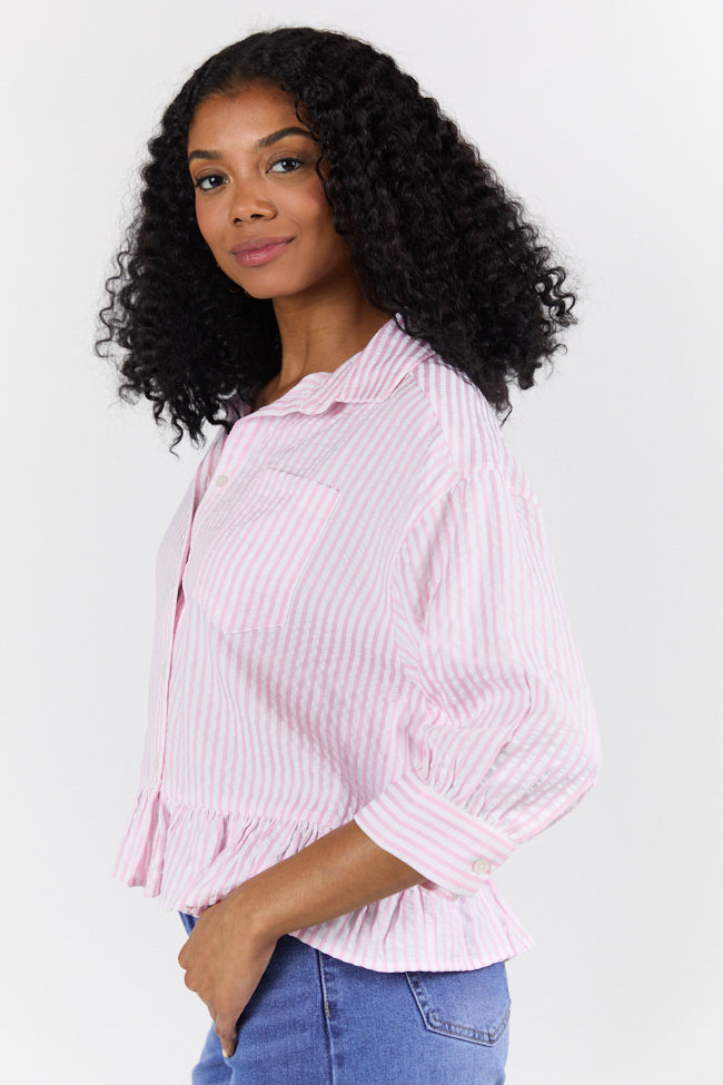 Stylish Pink Ruffle Hem Striped Button Down Blouse for Women - Trendy Textured Shirt for Office, Date Night & Casual Outfits
