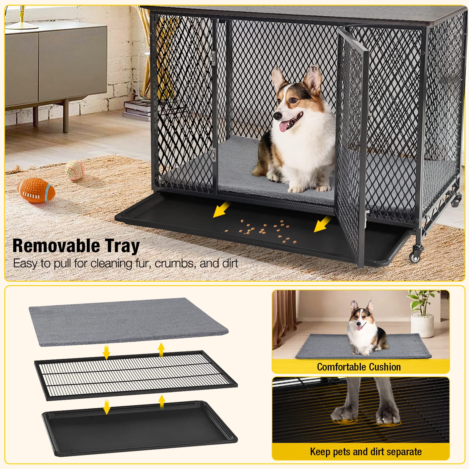 Aivituvin Wooden Dog Crate Furniture - Indoor Dog Kennel for Small, Medium & Large Dogs with Double Doors, Cushion, Tray & Wire Floor (27.2 Inch) - Movable Side End Table for Living Room, Bedroom & Pet Space