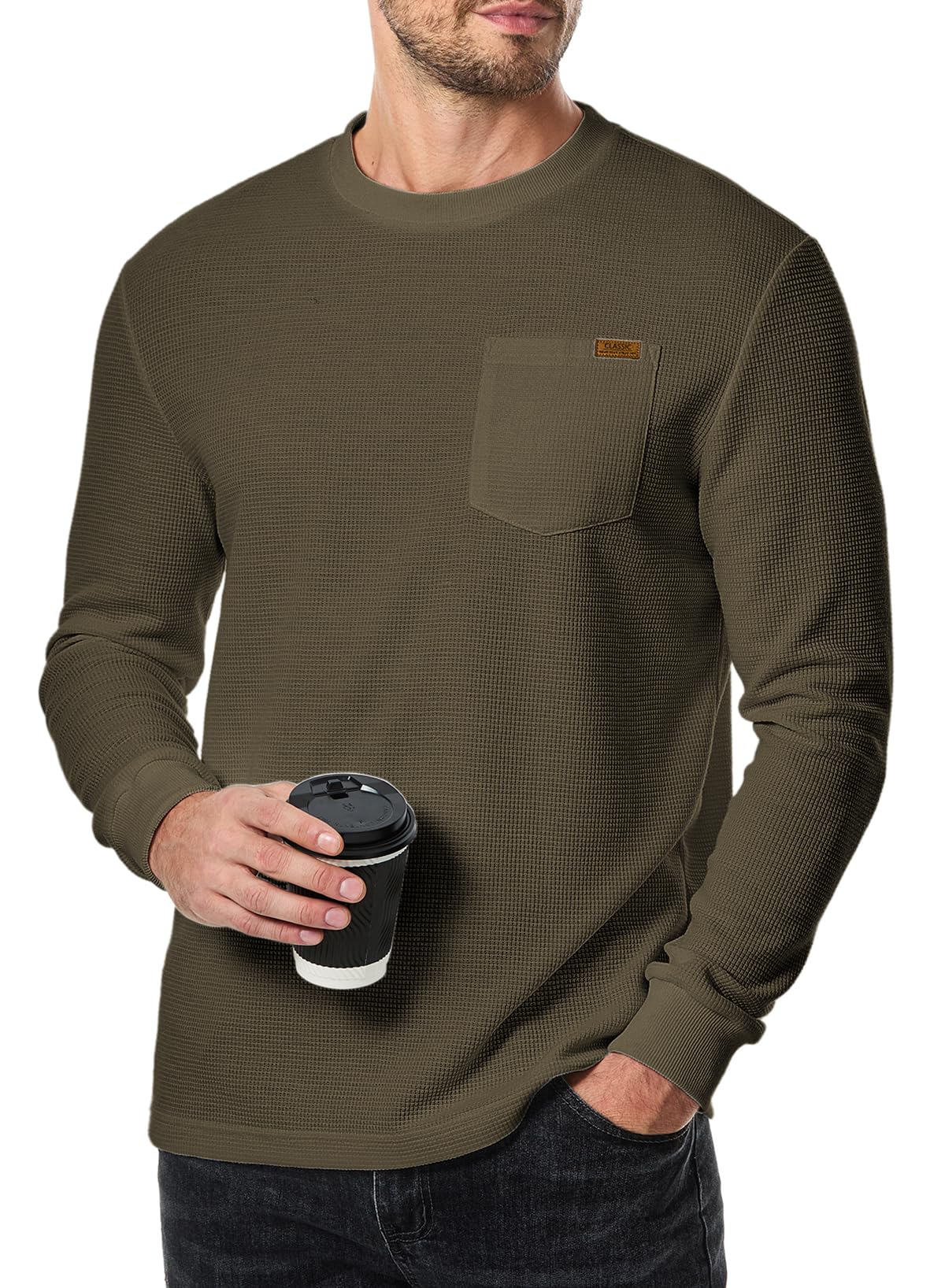 Men's Lightweight Long Sleeve Crewneck Sweater - Honeycomb Waffle Knit Casual Shirt with Pocket | Perfect for Fall Layering, Office Wear & Weekend Outfits