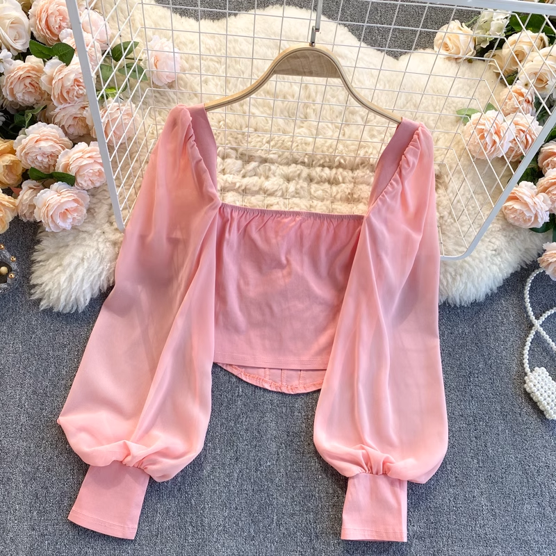 Elegant Chiffon Puff Sleeve Blouse - Square Neck Cropped French Top for Women | Perfect for Office Wear, Date Nights & Special Occasions