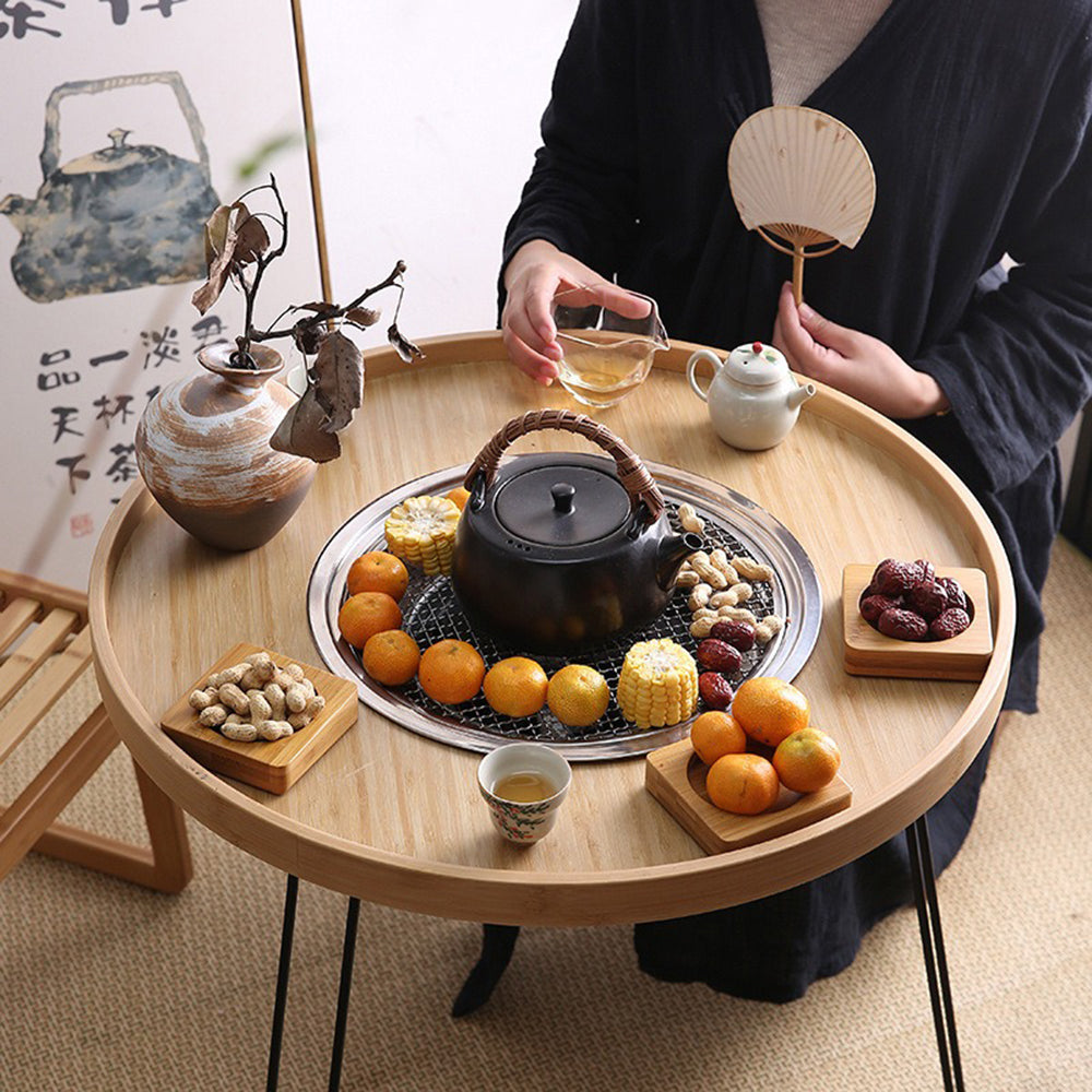Premium Walnut Wood Tea Table Set with Built-in Stove - Rustic Handcrafted Coffee Table for Living Room, Patio, or Garden - Perfect for Tea Lovers & Cozy Gatherings